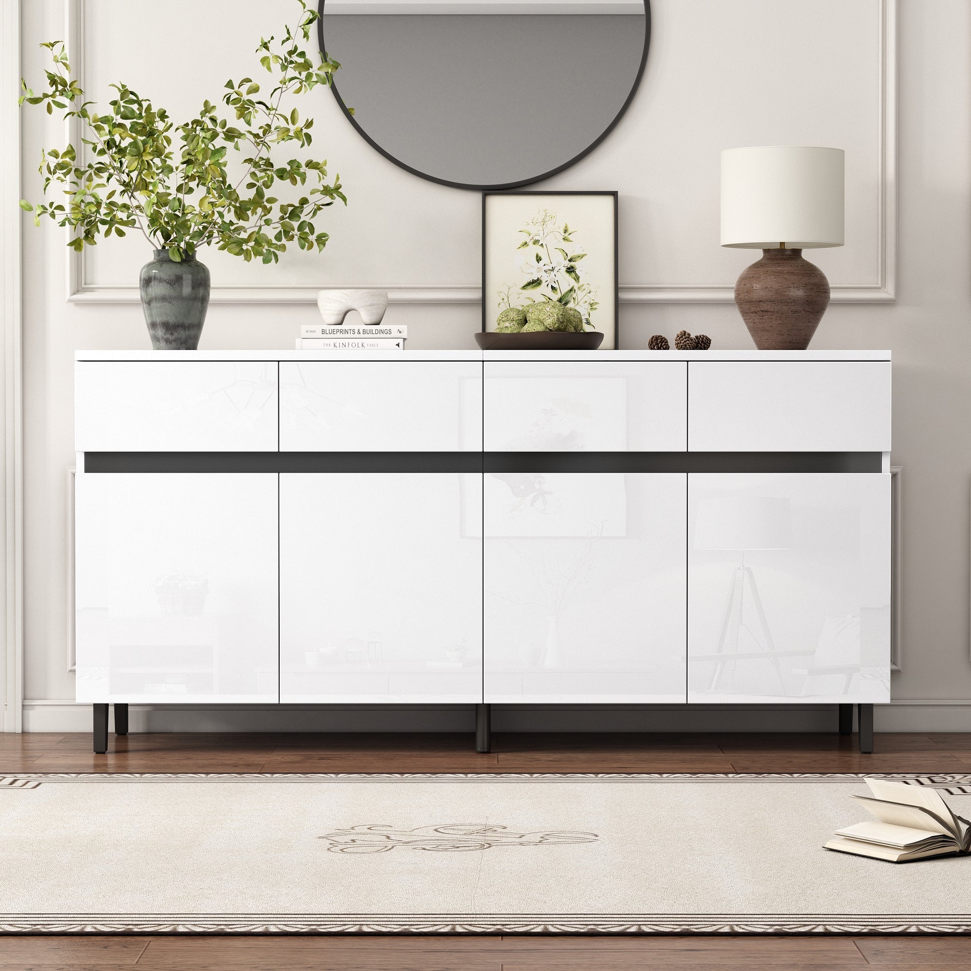 Storage Cabinet Buffet, 4 Doors 4 Drawers Adjustable Shelves, White
