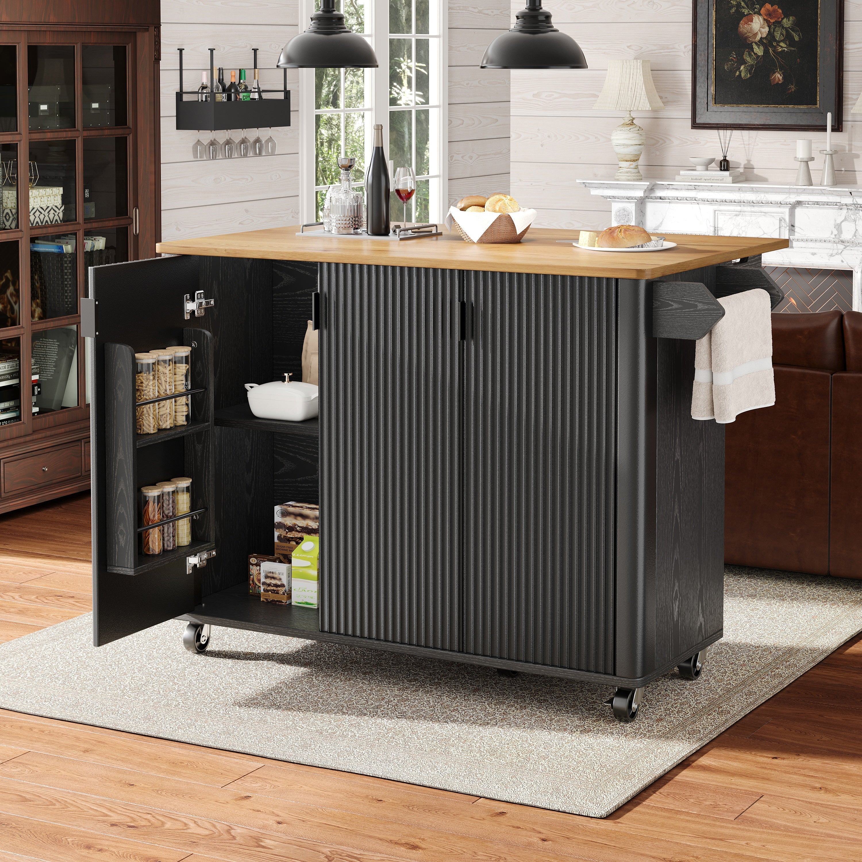 Kitchen Island Extendable 130cm Trolley 3 Doors Spice Rack - White/Black