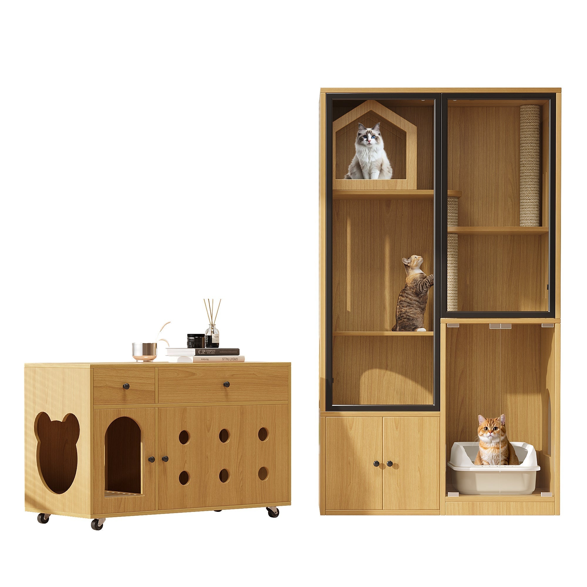 Cat Villa Litter Box Cabinet Glass House - Yellow Maple Wood Color