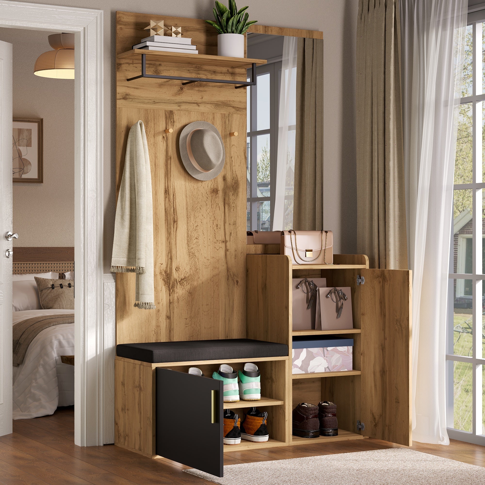 Compact Wardrobe Set, Mirror Bench Shoe Cabinet Hooks, Wood Look