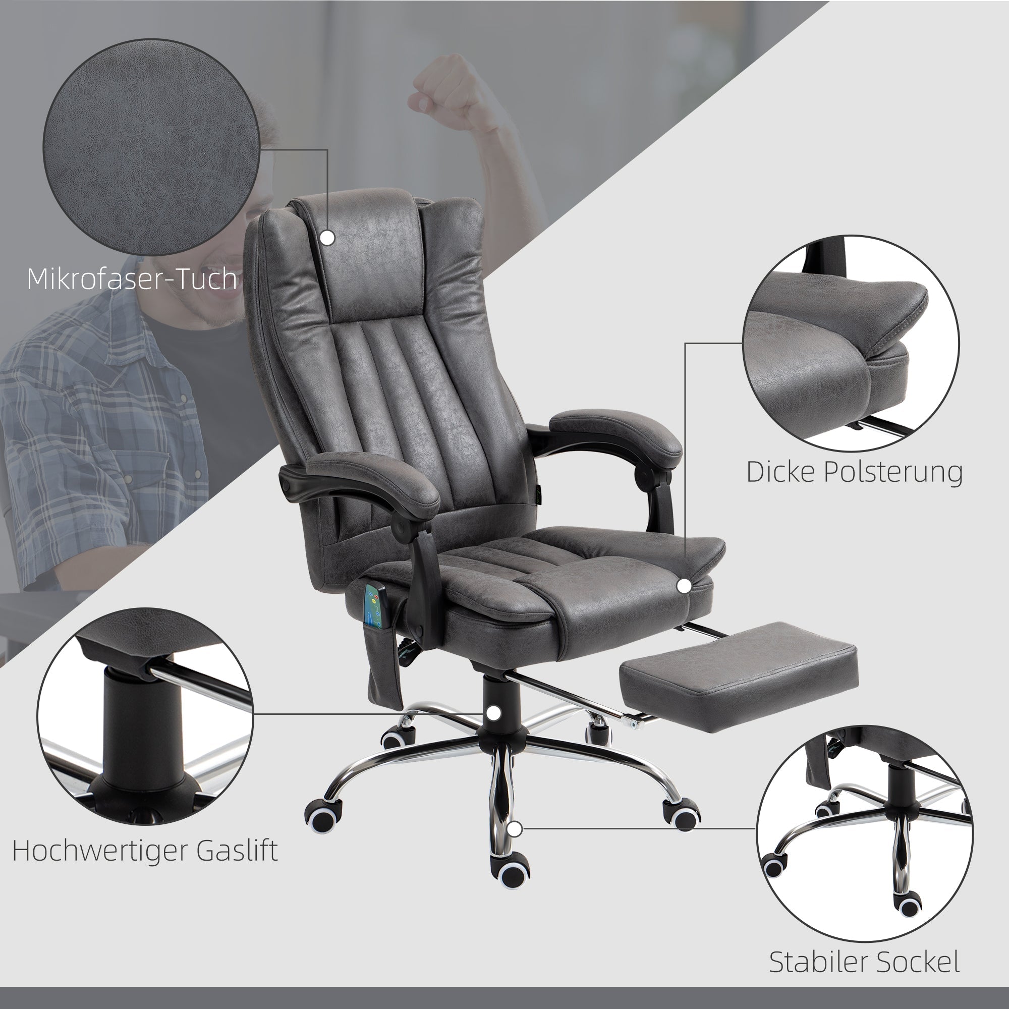 Vinsetto Office Chair with Massage & Heat, Adjustable Footrest, Grey