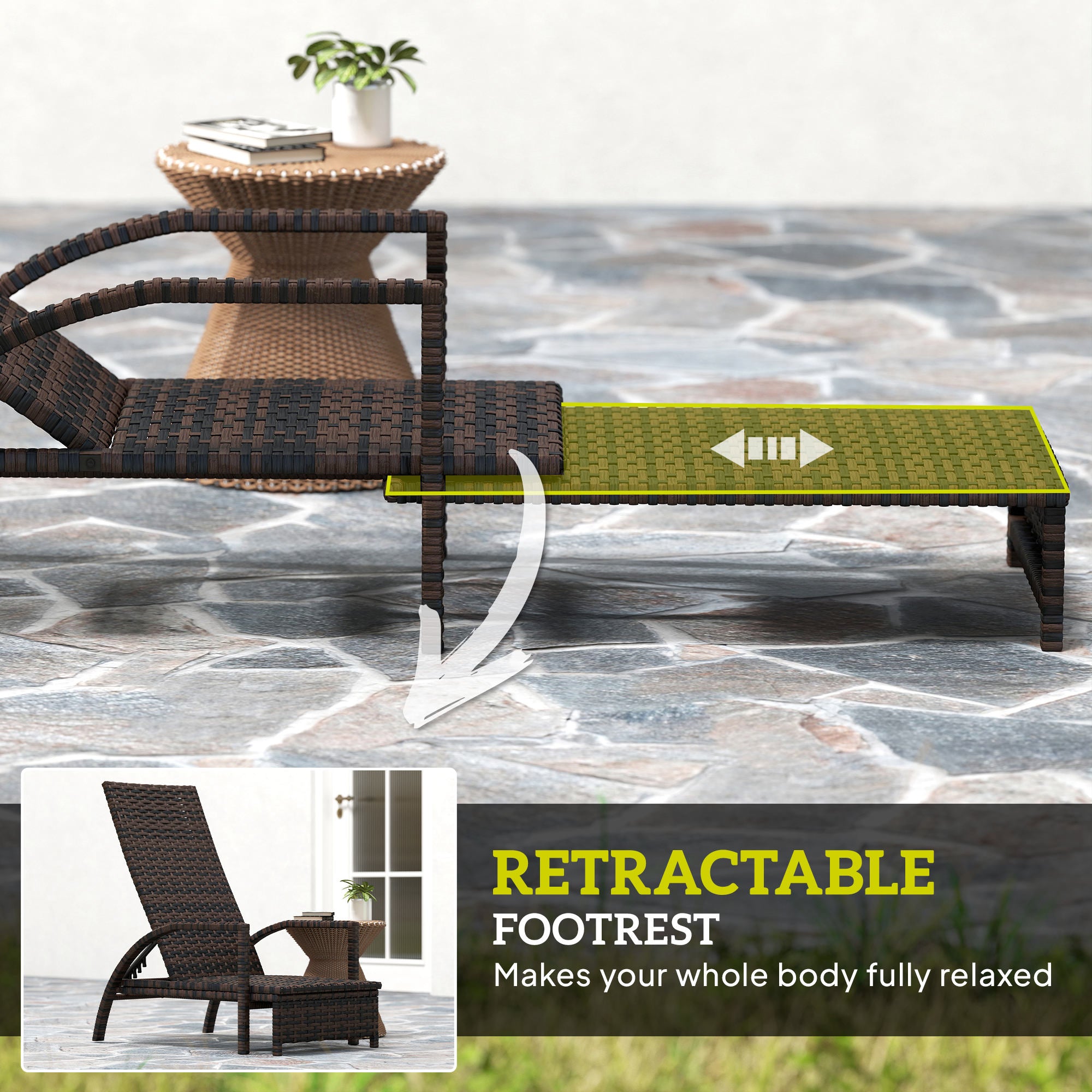 Reclining Lounger, Extending Footrest Rattan Brown