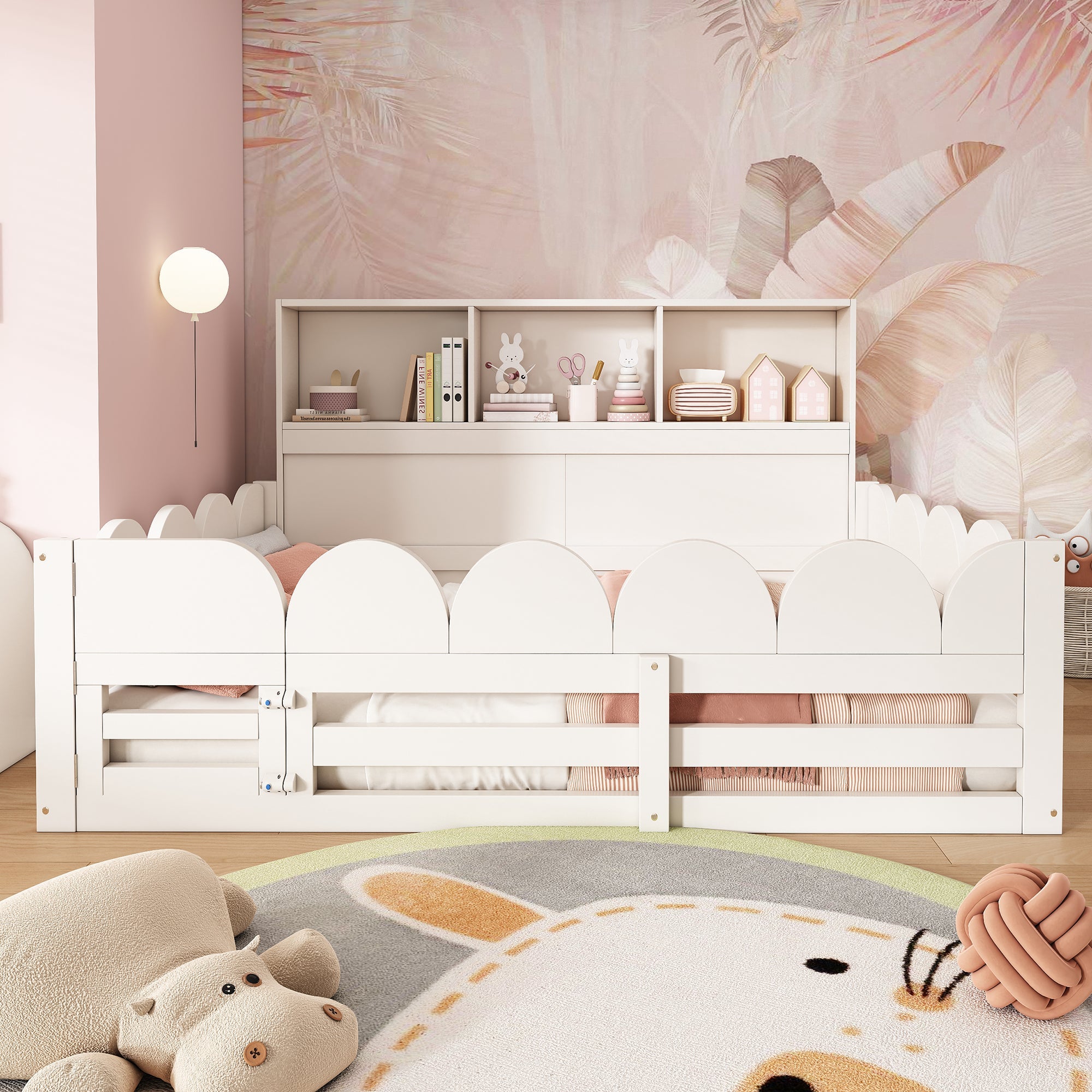 Children's Floor Bed with Fall Protection, Door, Slatted Base and Shelf, 140x200cm, White Wood