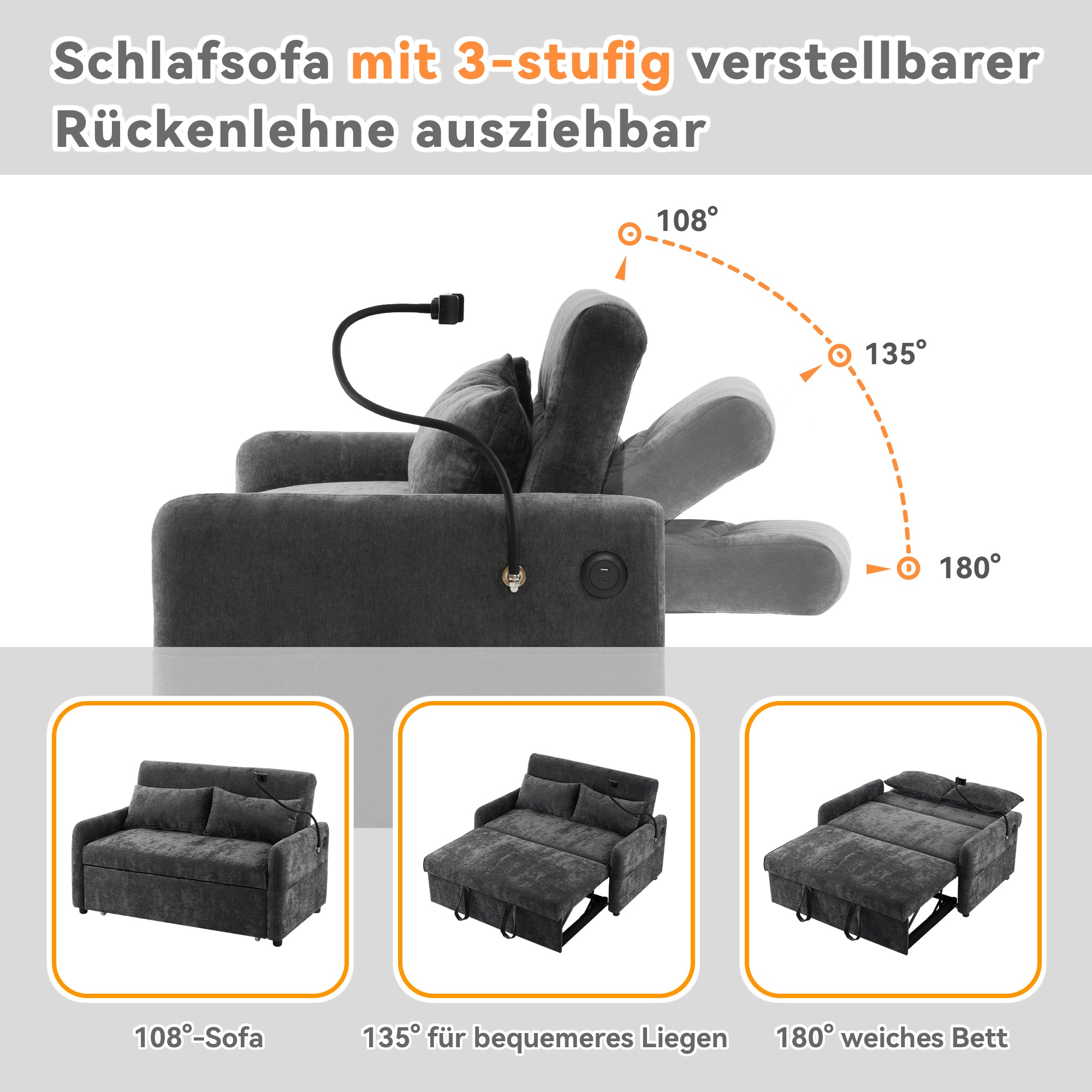 Sofa Bed, Modern Double Folding with Adjustable Backrest, Mobile Holder & USB Port