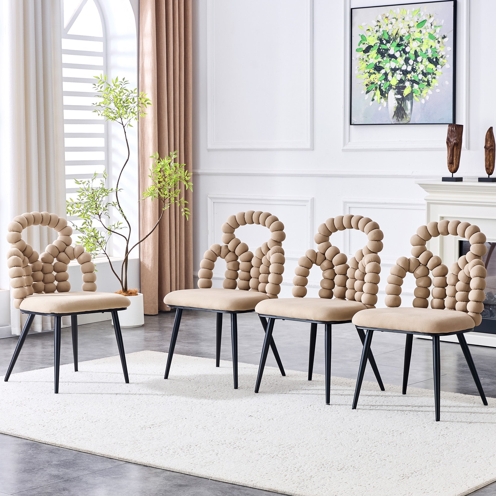 Velvet Dining Chairs Set of 2 Ball Chain Backrests Black Metal Camel
