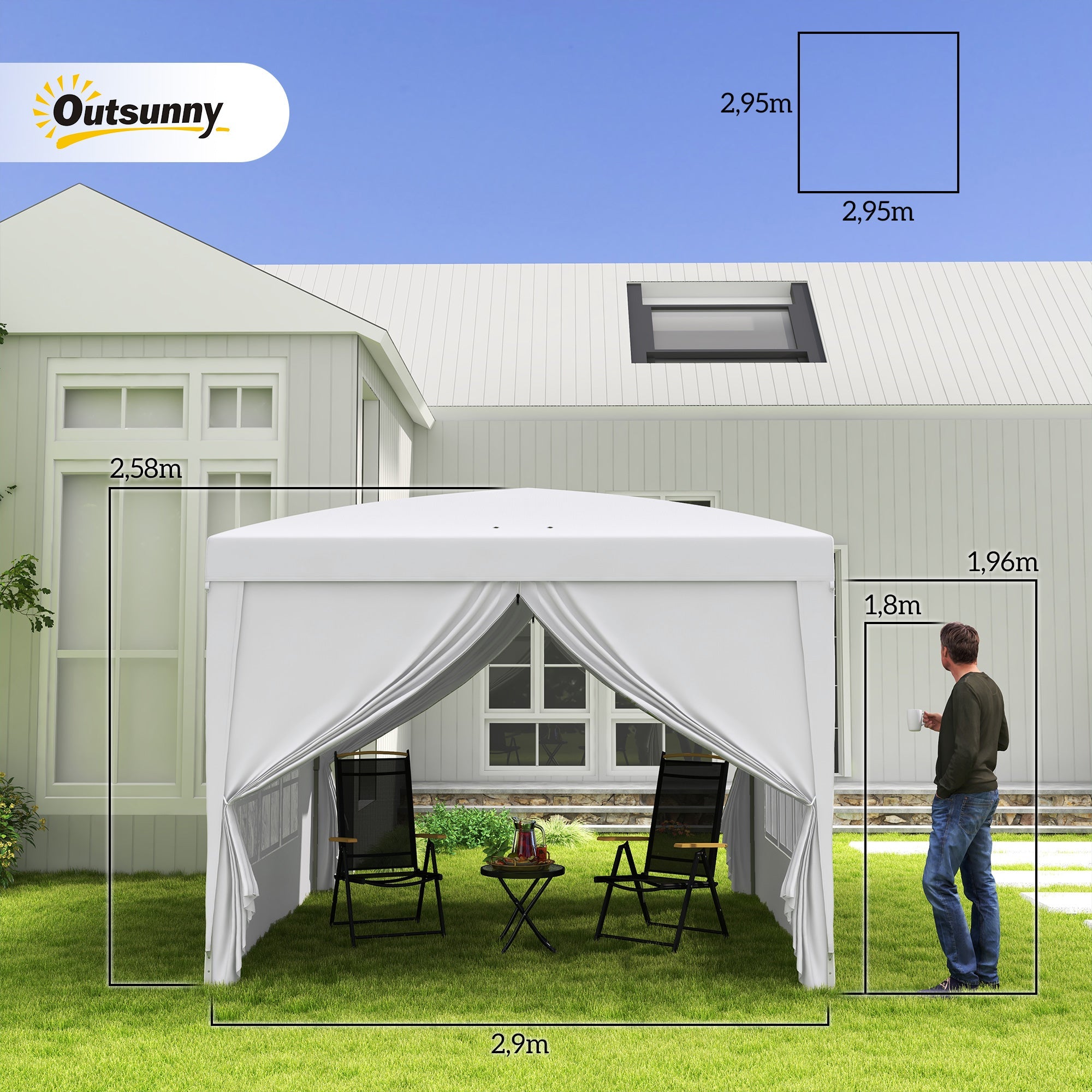 3x3m Pavilion with 4 Side Walls, Windows, UV Protection, Carrying Bag - White Steel & Oxford Fabric
