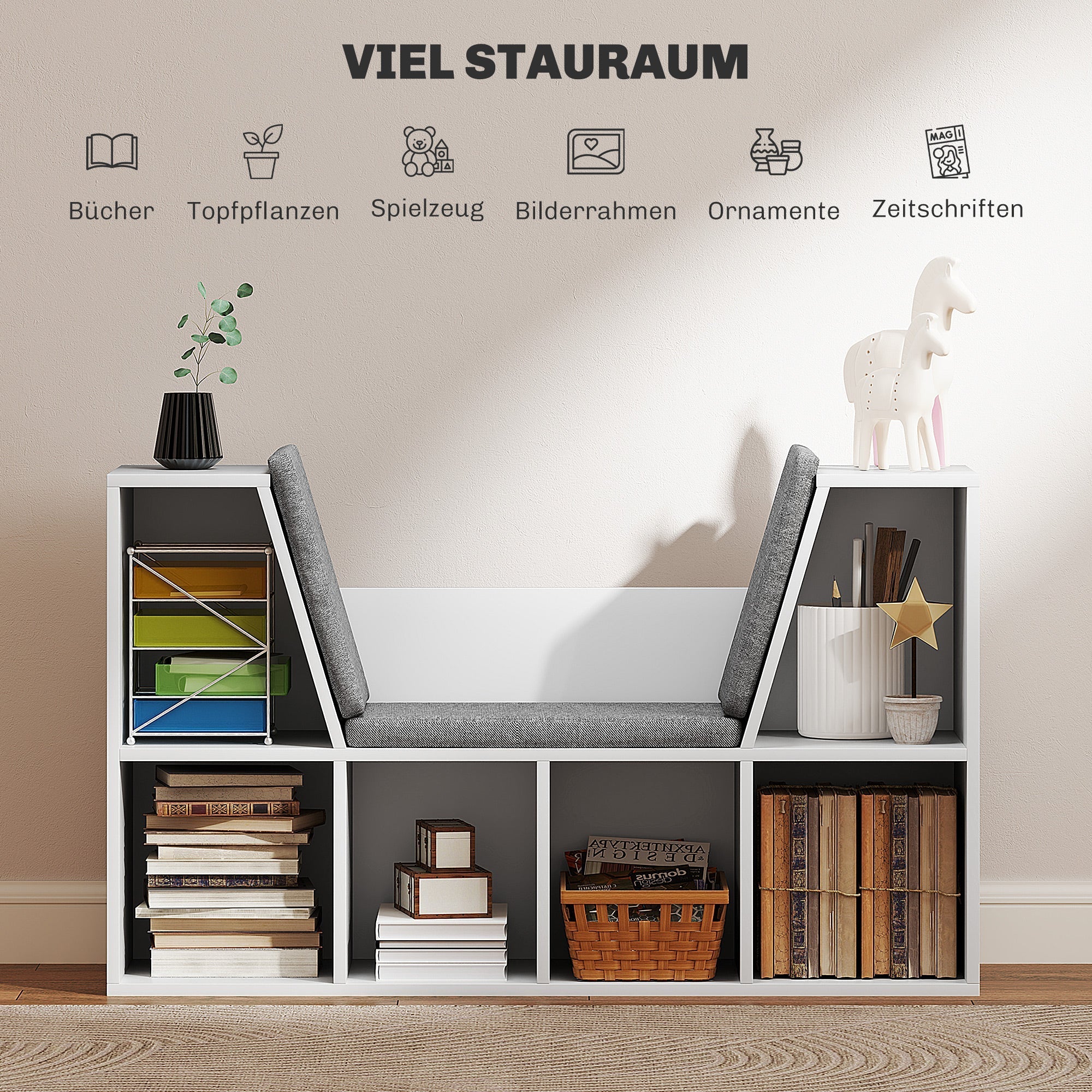 Bookshelf Storage with Seat Cushion 6 Compartment, Linen Look White
