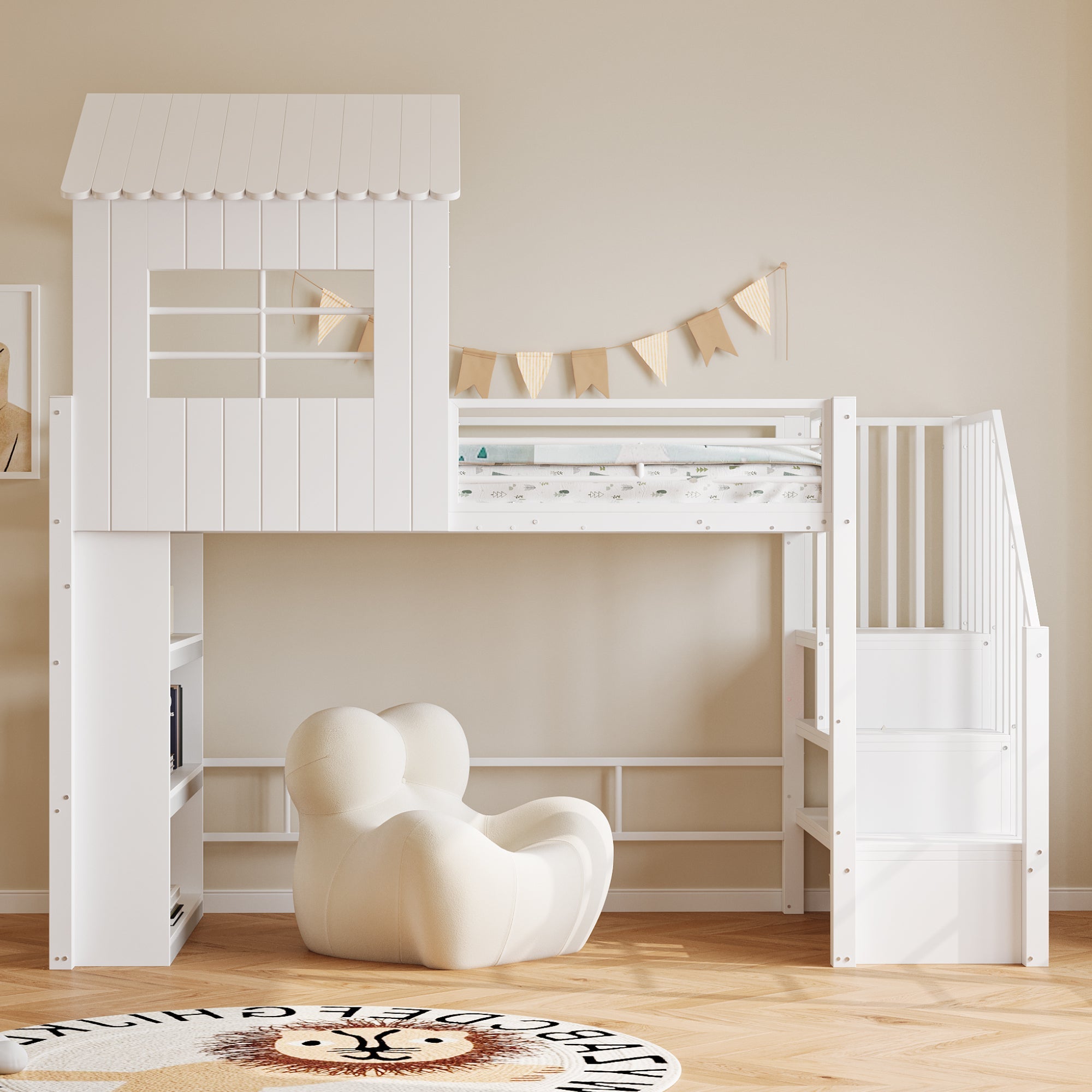 Iron Loft Bed with House Design, Storage Shelf and Safety Stairs, 90x200cm, White
