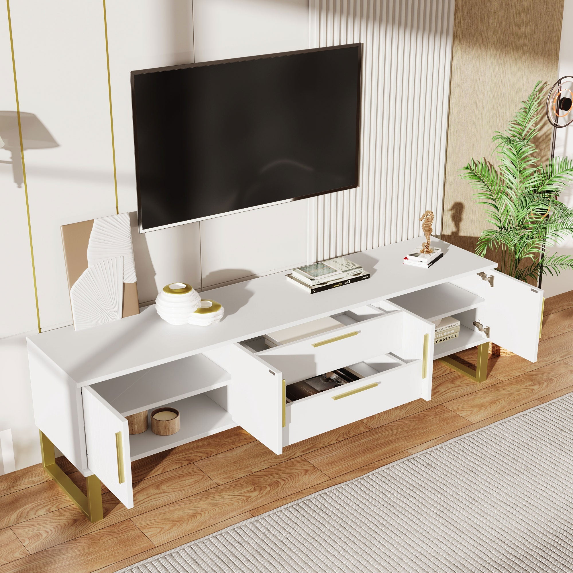 High-Gloss TV Cabinet Engraved Door Gold Handles & Feet Storage