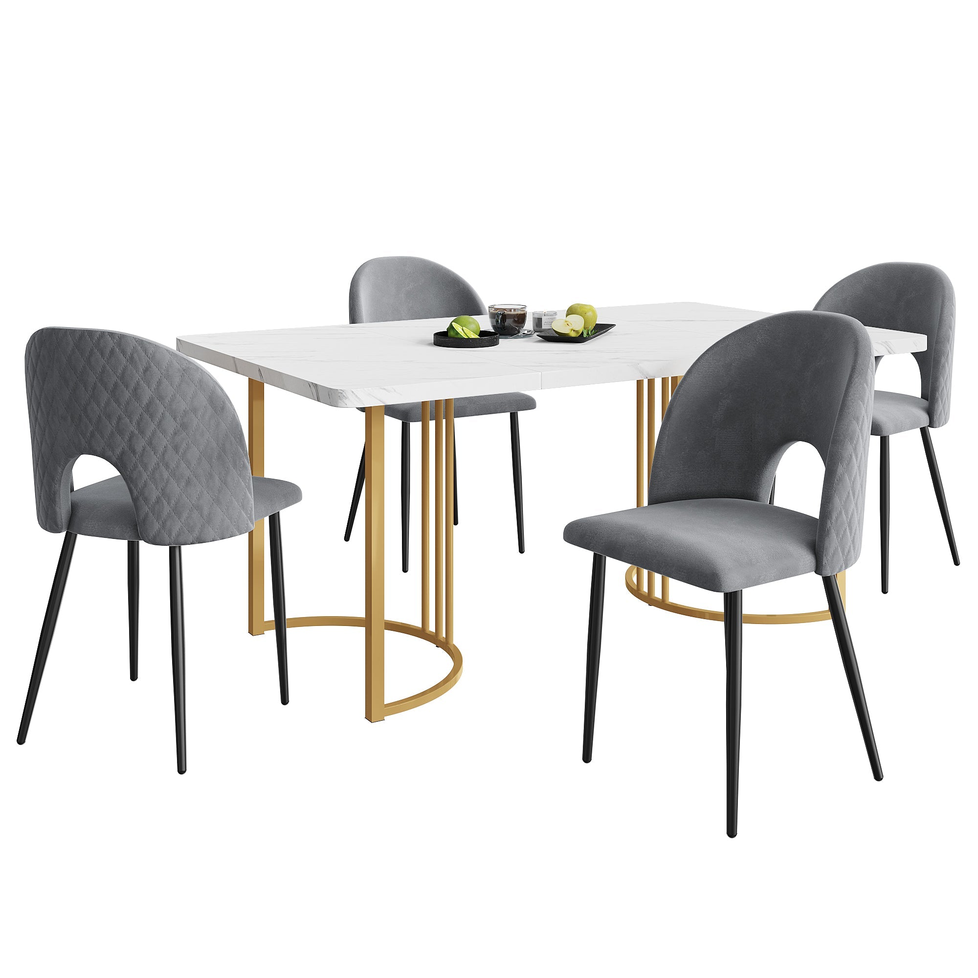 Dining Set, 140x80cm Table with 4 Chairs, Velvet Gray & White MDF