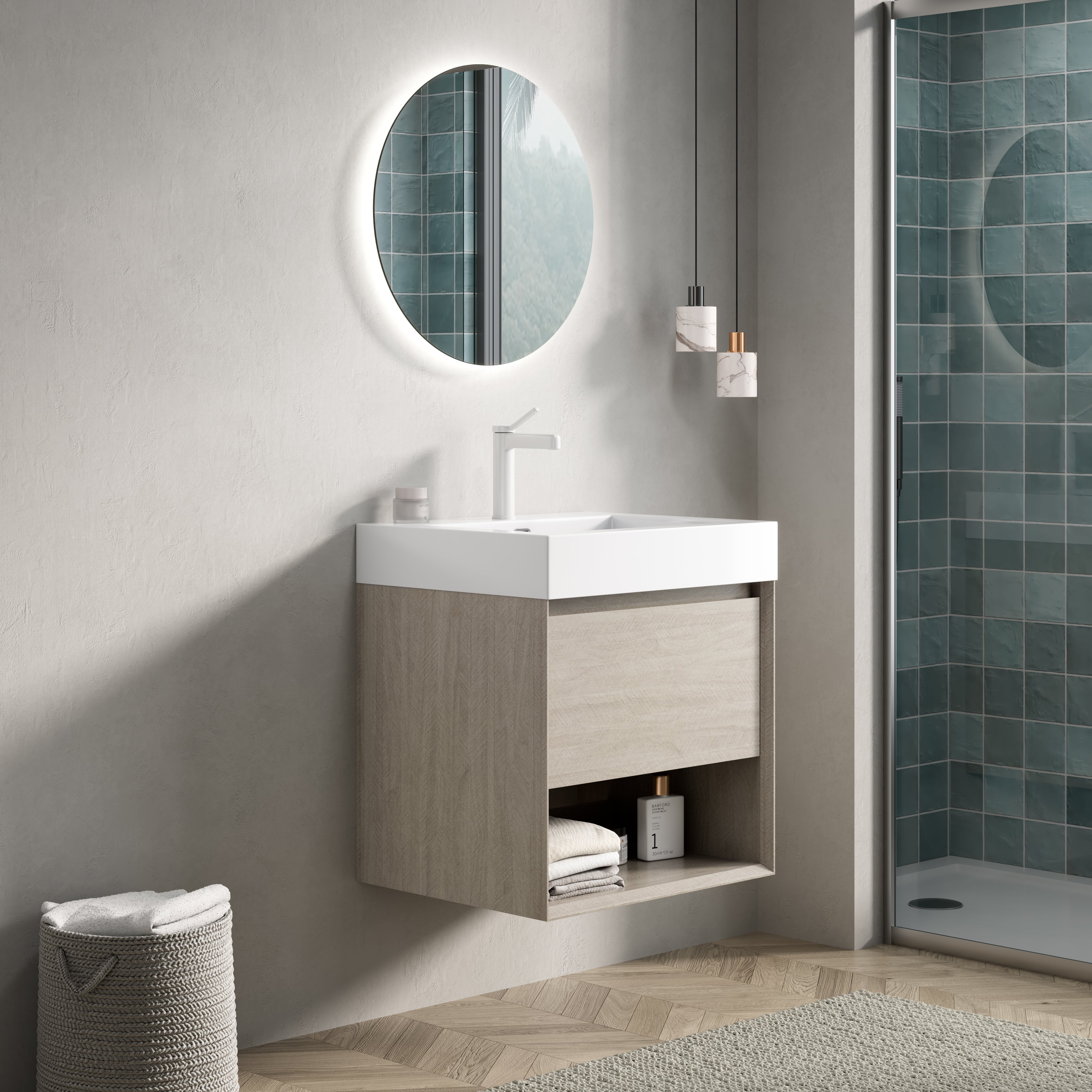 Wall-Mounted Bathroom Vanity Unit with Resin Basin and Storage, Light Oak Wood Grain Plywood