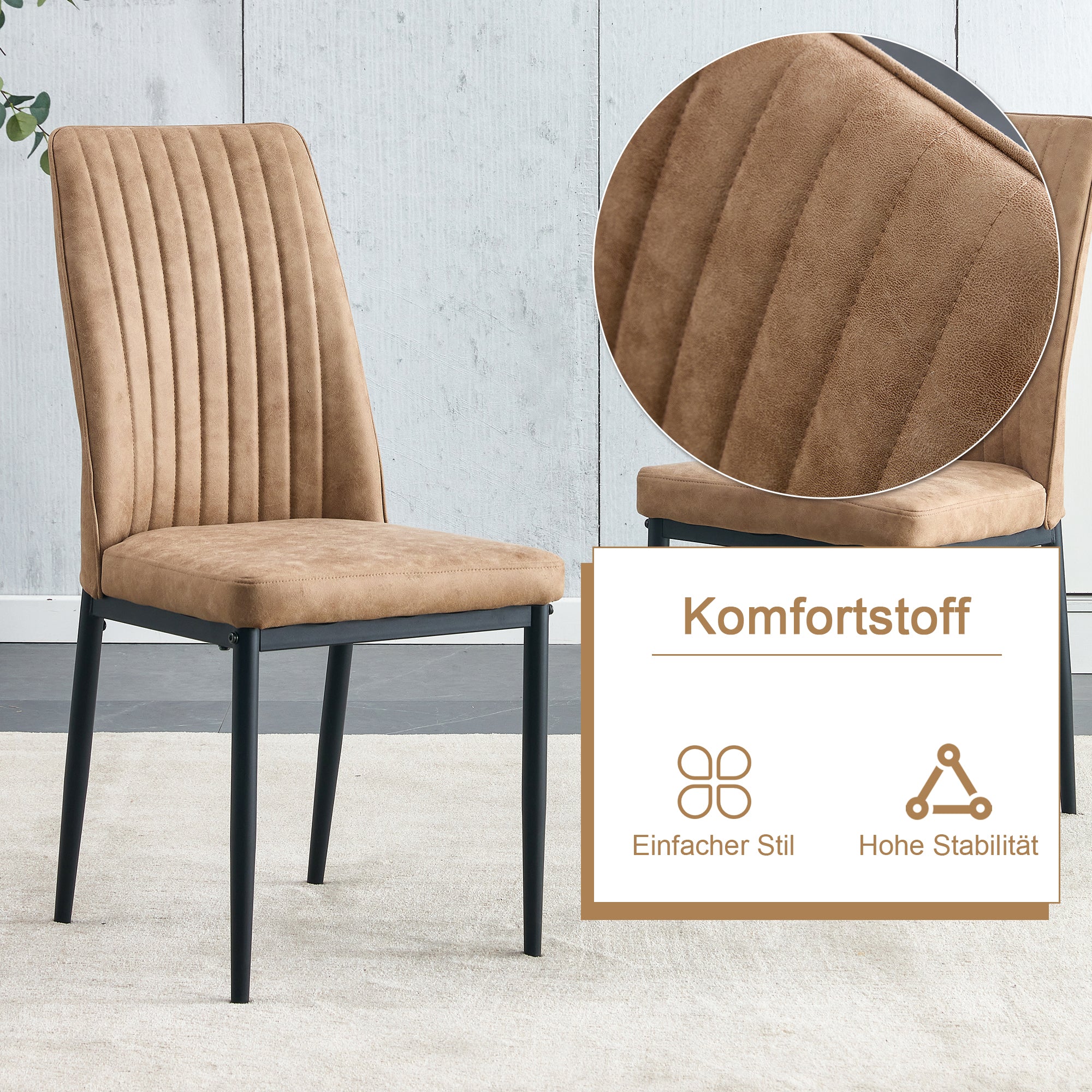 Dining Set Minimalist Round Glass Table 85cm 4 Chairs - Brown