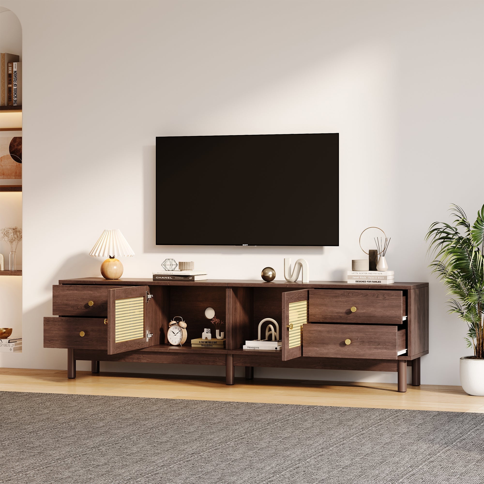 TV Cabinet, 180cm with Rattan Doors, 4 Drawers, Cable Management, Dark Wood