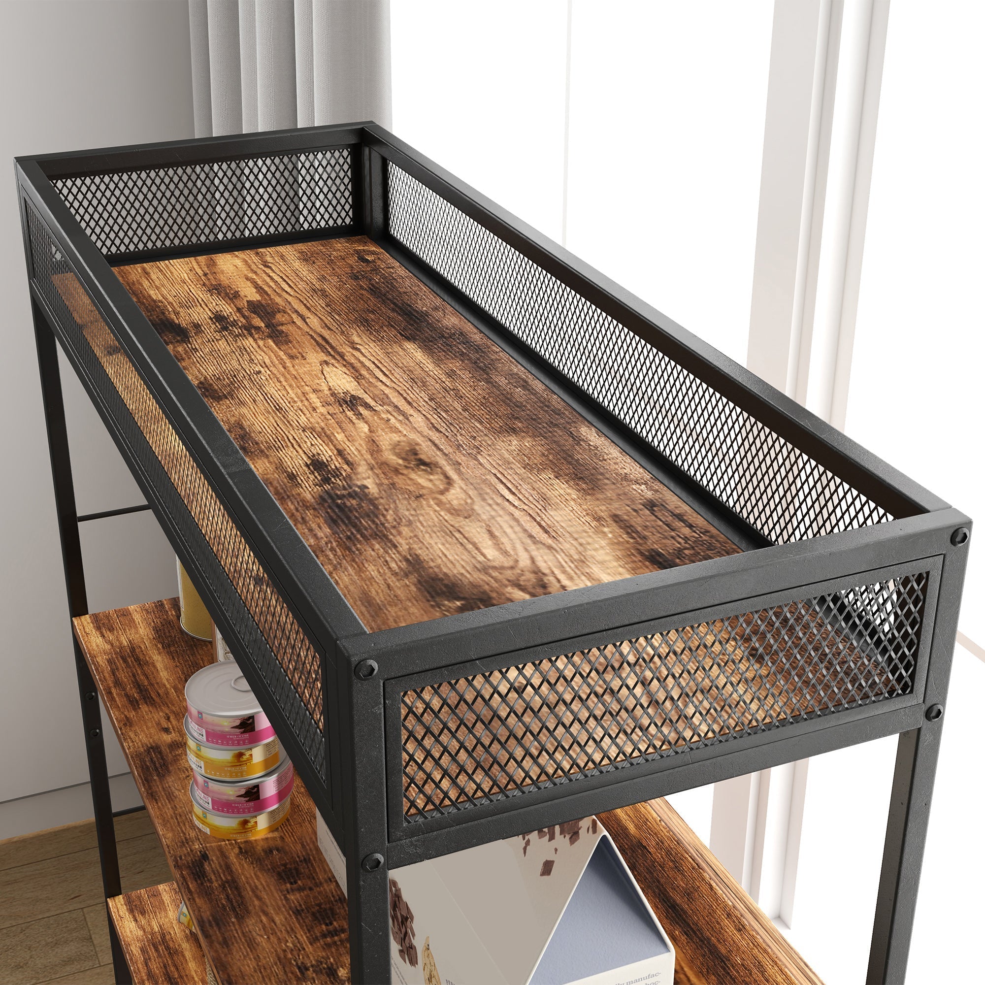 Katzenklo-Schrank, 2-in-1, 3-stöckiges Regal, Kratzbaum, Rustikales Braun