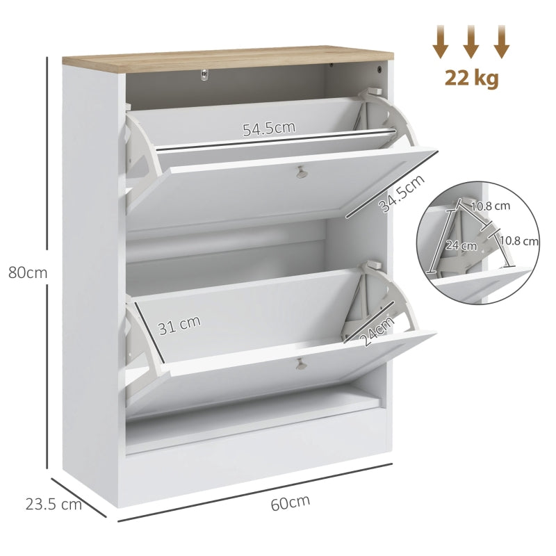 Two Flip Drawer Shoe Cabinet, Slim Storage Adjustable Shelves, White