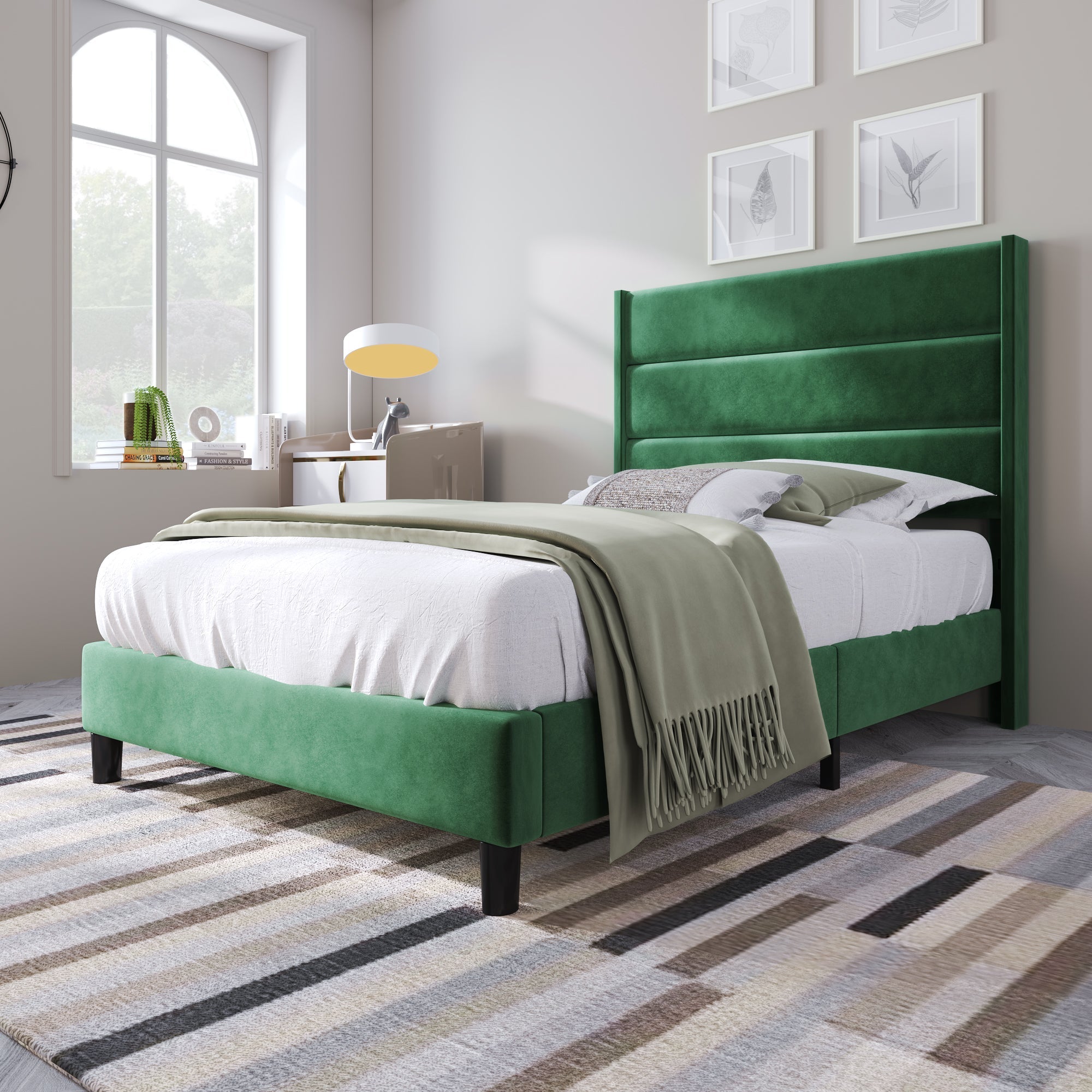 Upholstered Bed, 90x200cm Double with Slatted Frame & Headboard, Dark Green Velvet