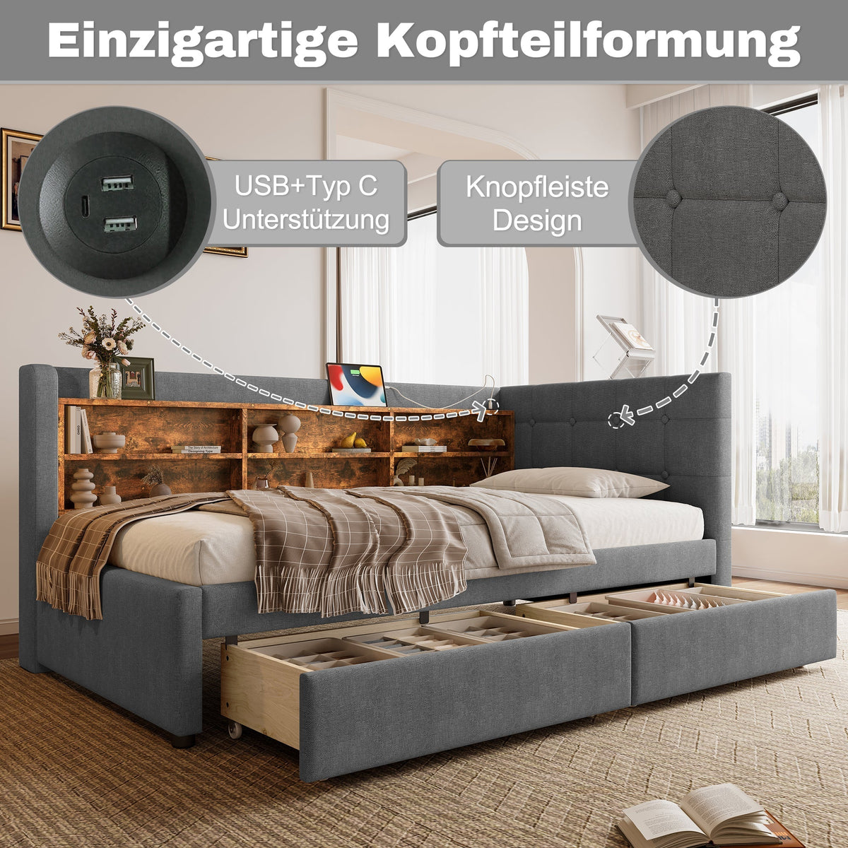 Daybed Sofa Bed 90x200cm 2 Drawers USB/Type C Storage - Linen Grey