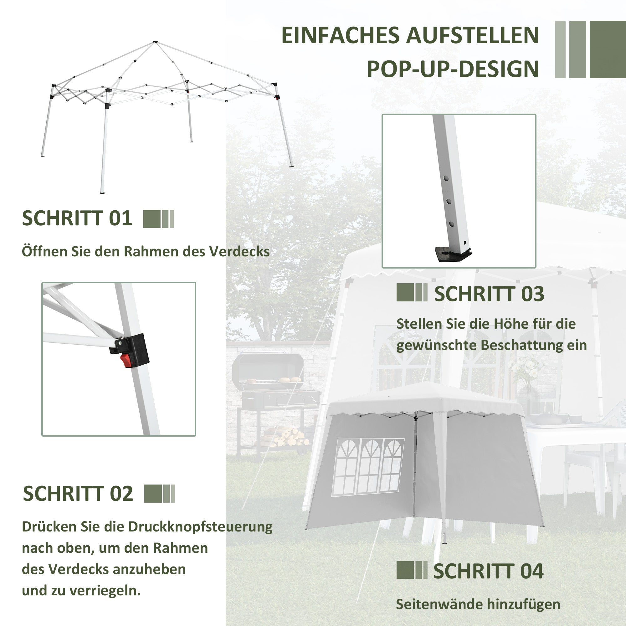 Folding Gazebo, 2.4 x 2.4m, Side Wall, Height-Adjustable, UV Protection, White