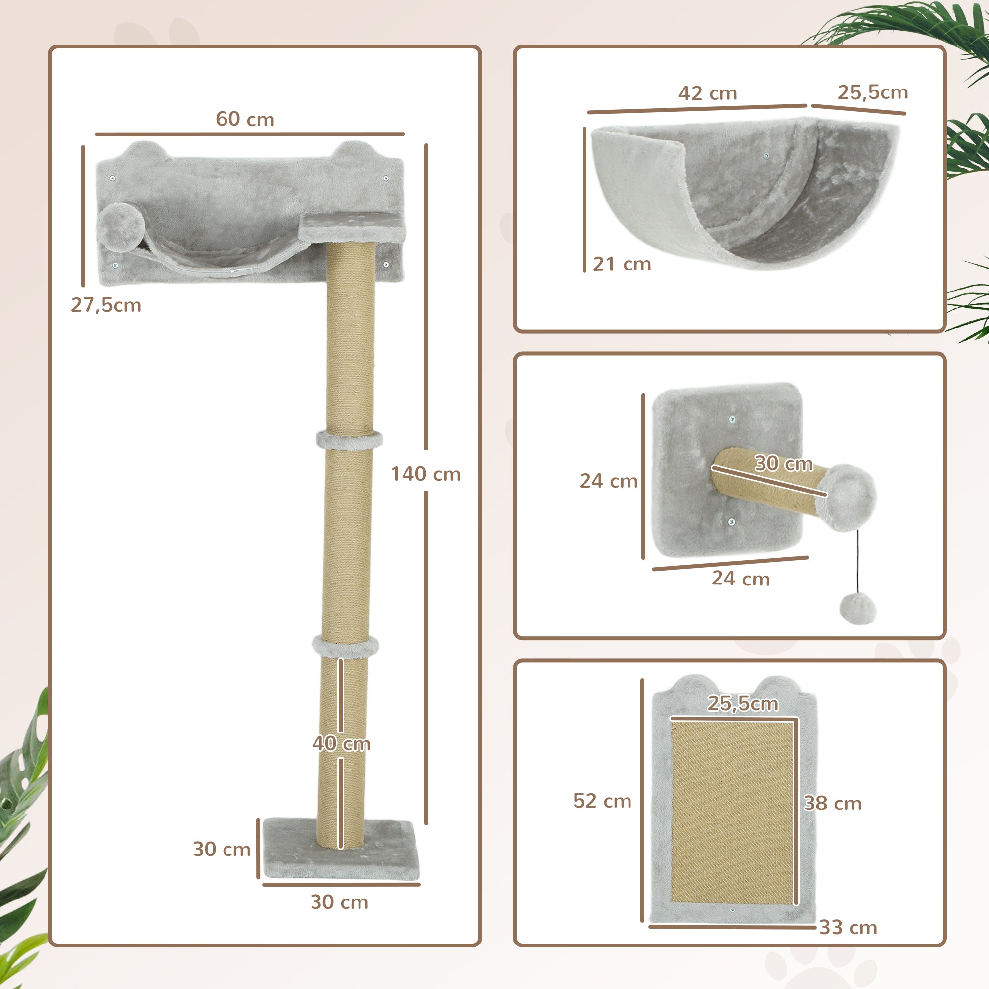 Cat Climbing Wall, 5-Piece, Hammock, Jumping Platform, Light Gray Polyester