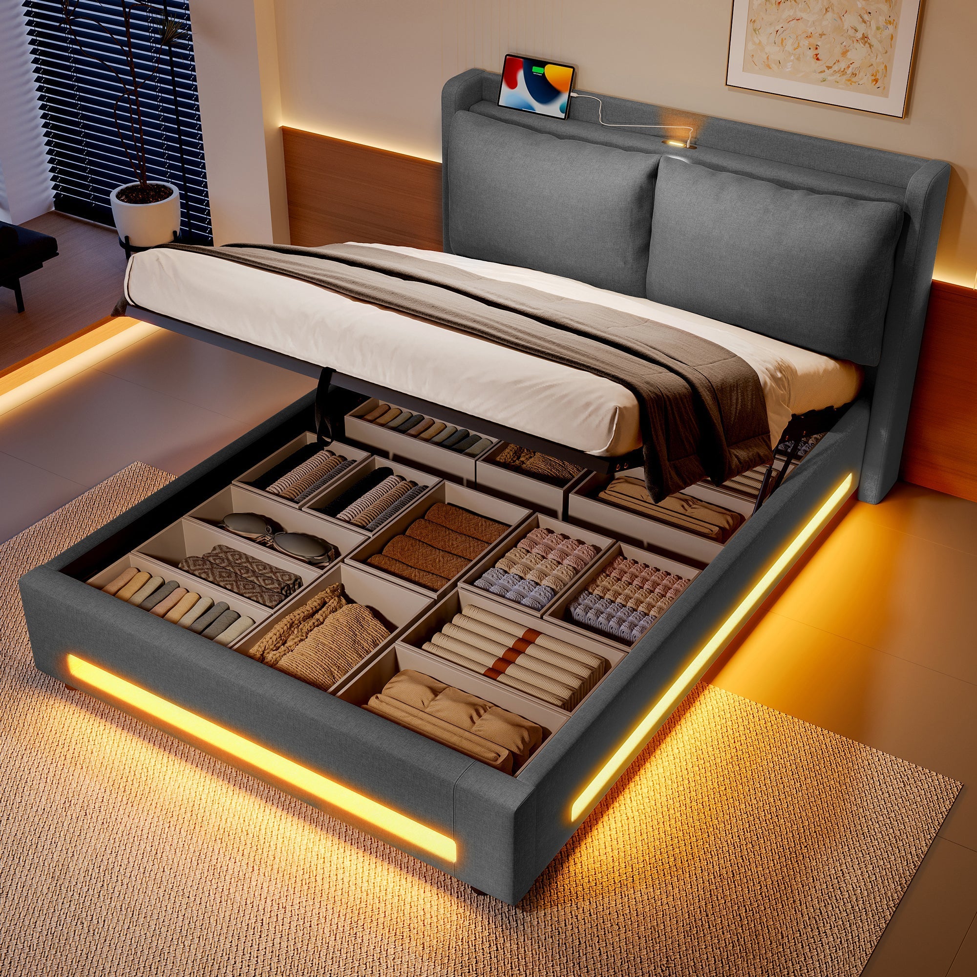 Modern Upholstered Bed with Storage, USB-C, LED Lights, Hydraulic Lift, Velvet