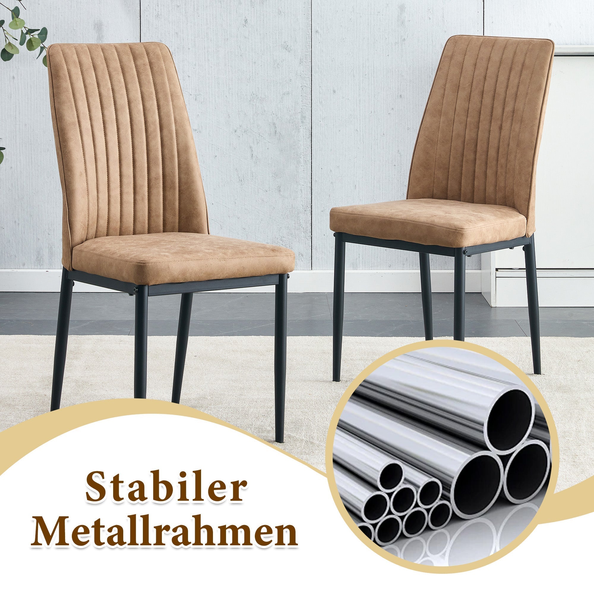 Dining Set Round 100cm Table Storage 4 Chairs - Black Wood Look/Brown Fabric
