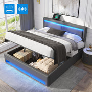 Upholstered Bed with Wireless Charging, USB Port, LED Lighting and Storage, 160x200cm, Grey PU Lychee Pattern