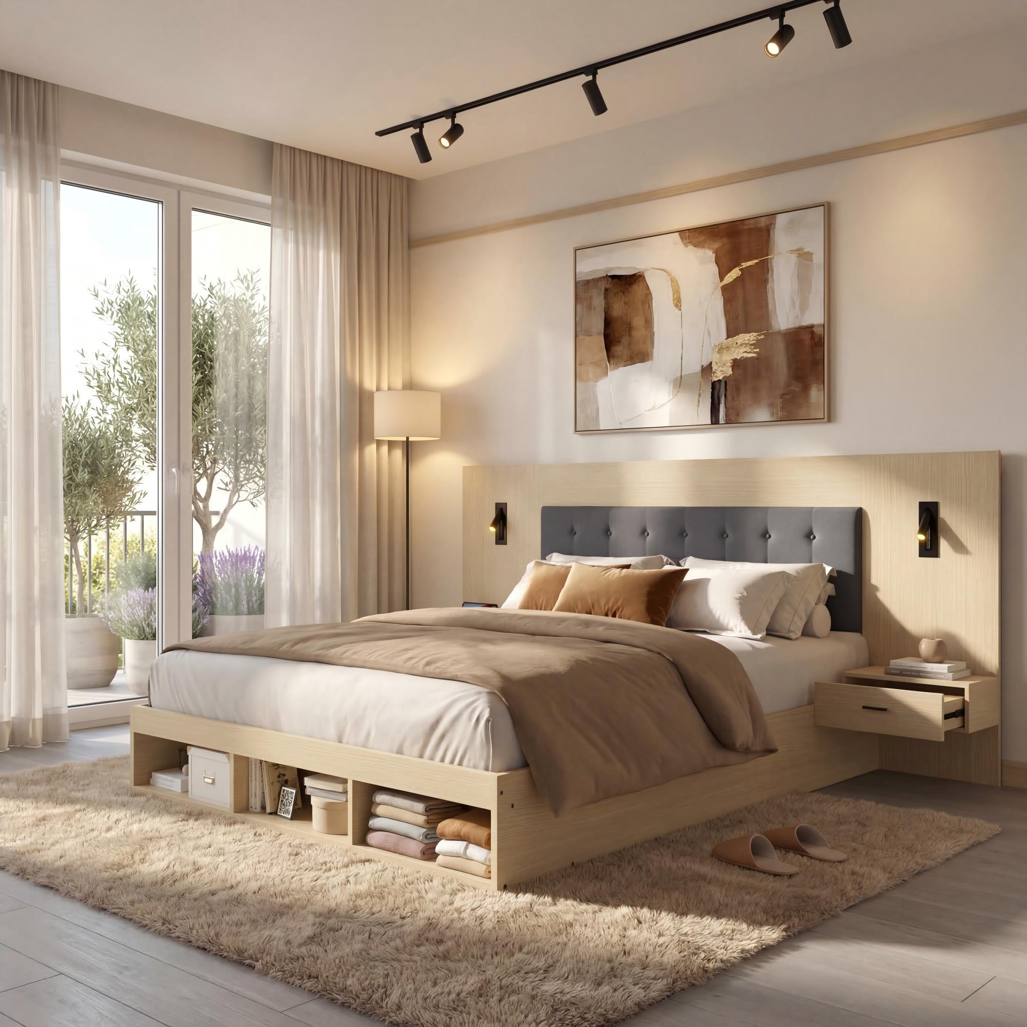 Double Bed with Storage, USB Charging Station, Reading Lamp and 2 Bedside Tables, 160x200cm, Light Oak Wood