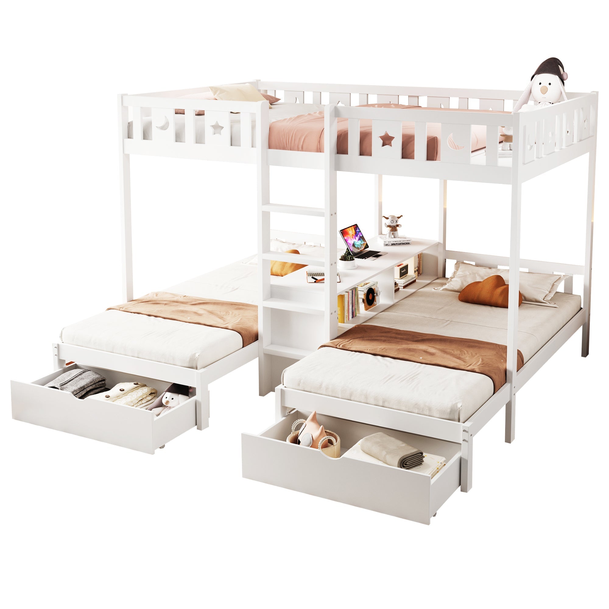 Triple Bunk Bed with Storage Stairs, Drawers and Star Moon Guardrails, 90x200cm & 140x200cm, White Solid Wood