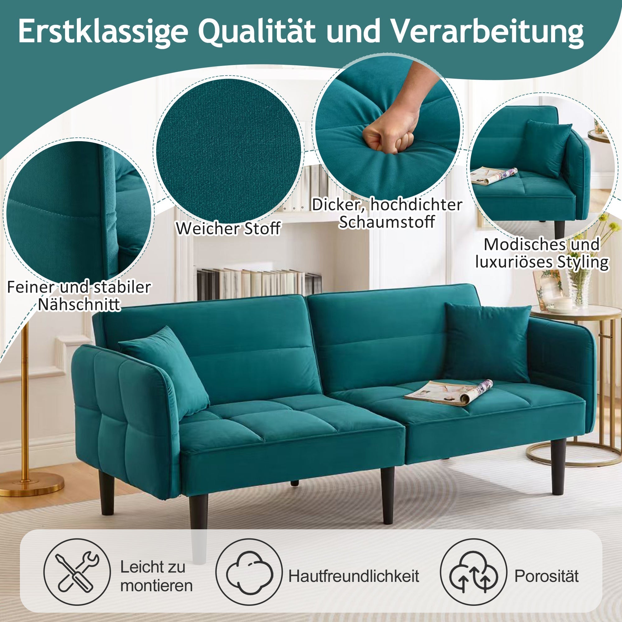 2-in-1 Adjustable Sofa Bed, Two-seater Folding Sleeping Function, Velvet