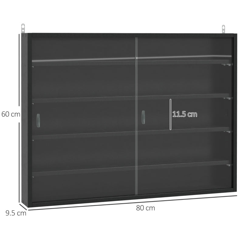 5-Tier Wall Display Shelf Cabinet, 4 Adjustable Shelves Glass Doors, Black