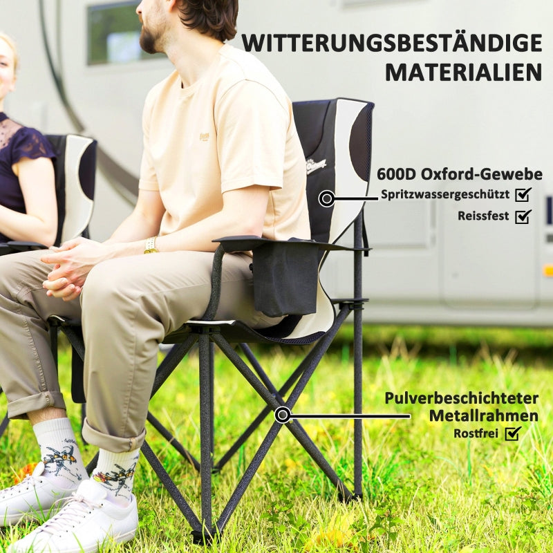 Folding Chairs, Set of 2, Camping with Armrests, Cup Holder, Headrest, Cooler Bag, Padded, Metal/Fabric