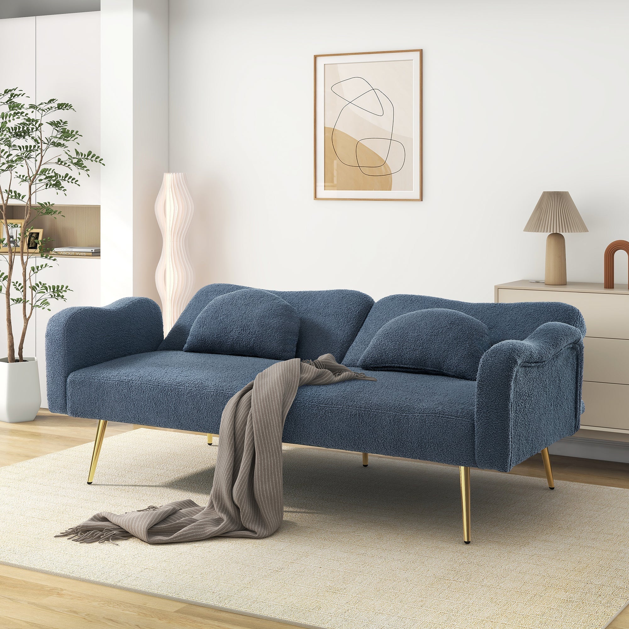 Sofa Bed, 2-Seater with Adjustable Backrest, Gold-Plated Metal Feet