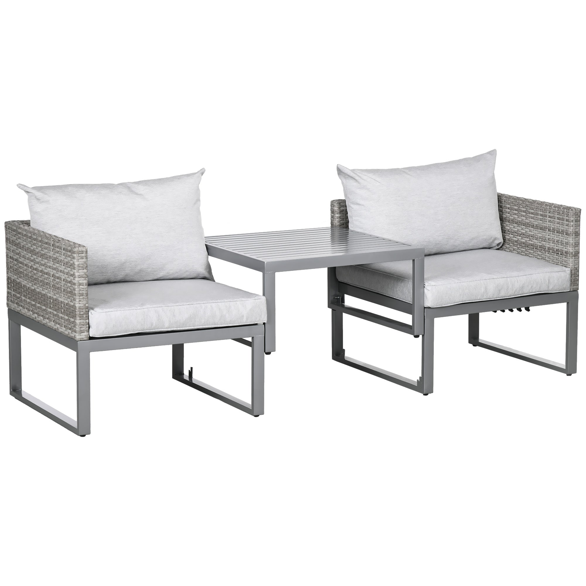 3-in-1 Rattan Bistro Set, Wicker Garden Furniture with 2-level Rising Table & Adjustable Sofa Lounger, Grey