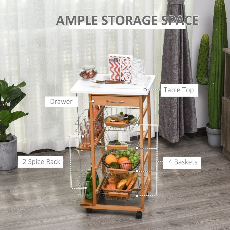 Rolling Kitchen Cart, 4 Basket Drawers Side Racks Wheels, Brown