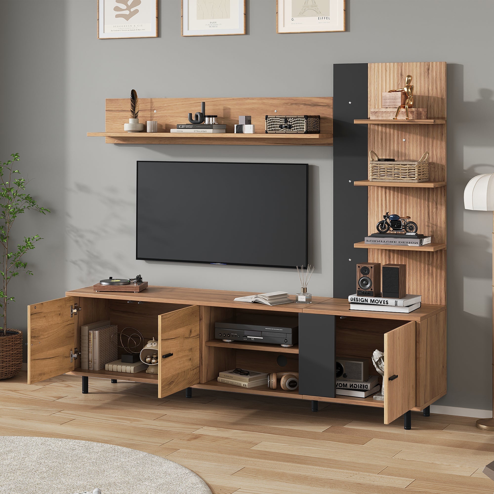 TV Wall Unit Set with Display Cabinet and Open Shelves for TV up to 80", Wood Color and Black