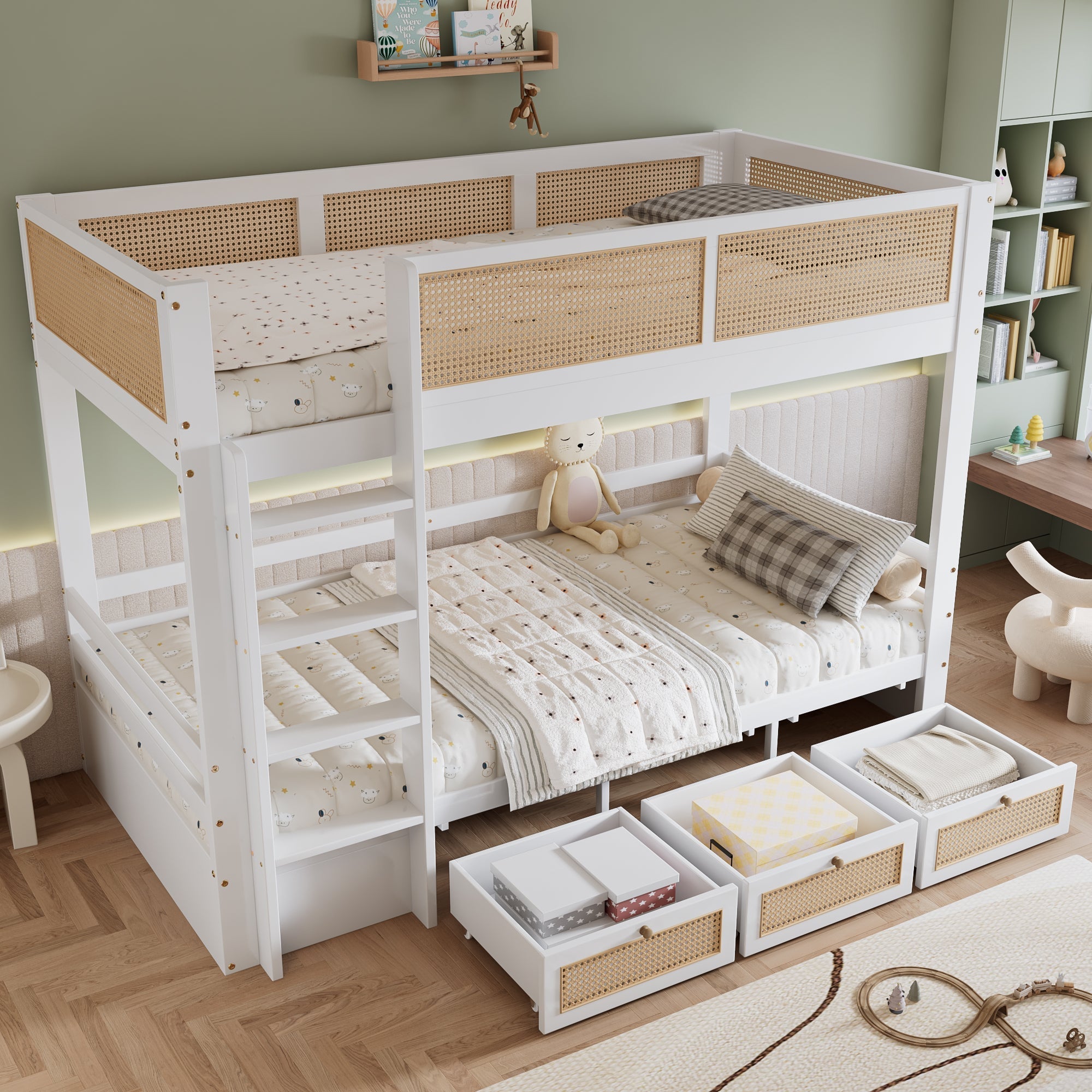 Bunk Bed, Rattan Fence with Drawers & Safe Rails, Pine + MDF + Plywood, White + Natural, 90x200cm