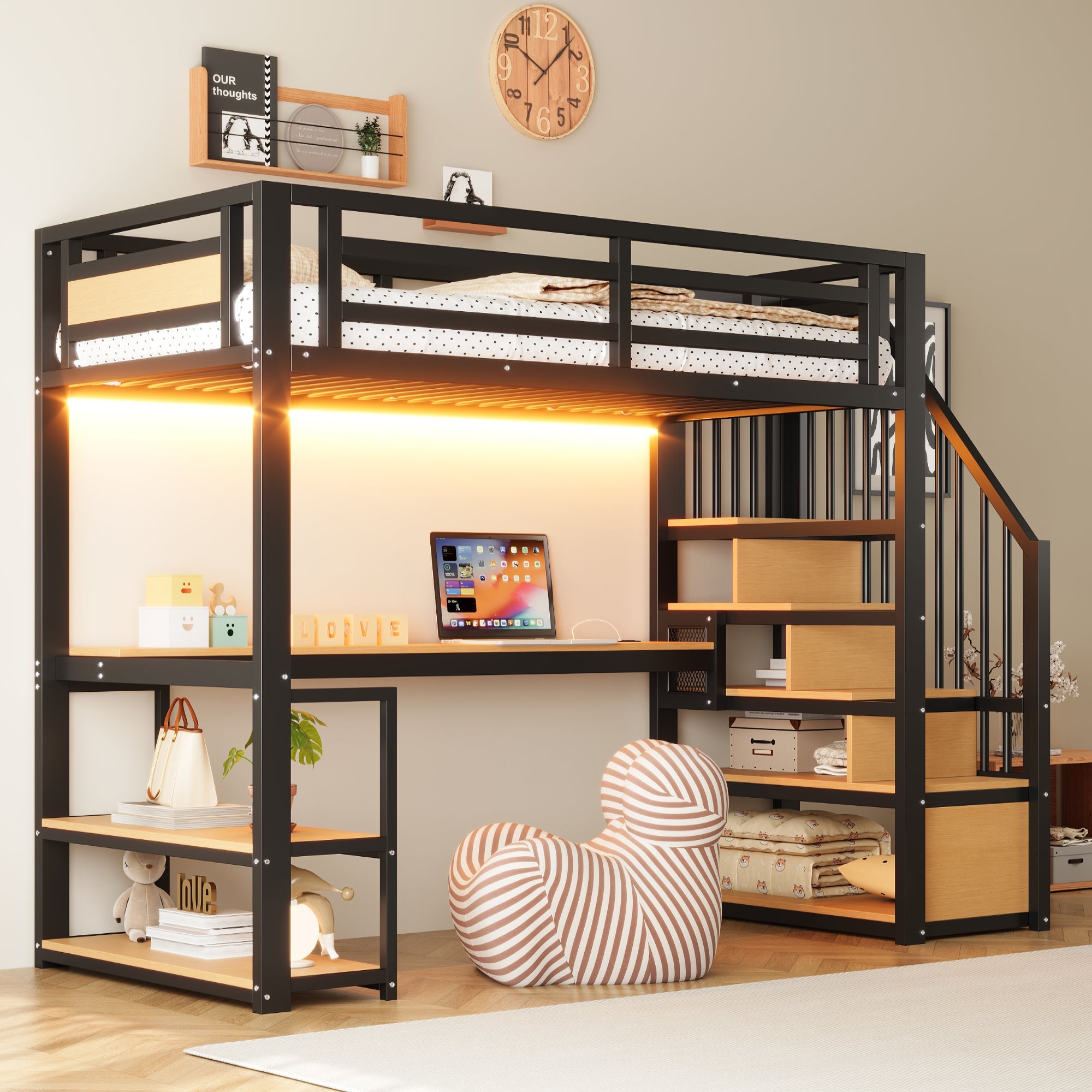 Metal Loft Bed with LED, Socket, Storage Ladder, Shelves and Desk, 90x200cm, Black Metal