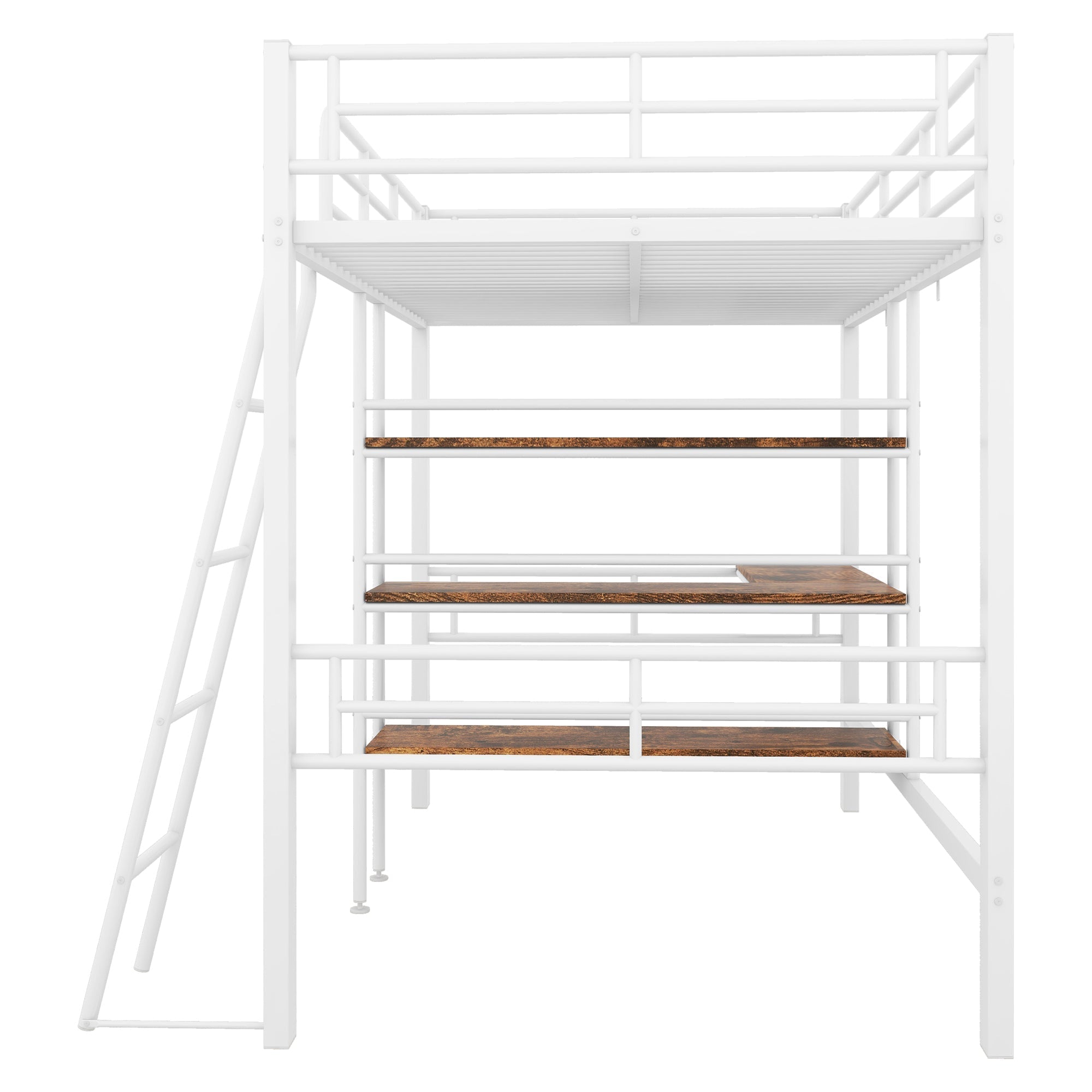 Loft Bed 90x200cm with Desk Shelves Railing Ladder Iron Frame White
