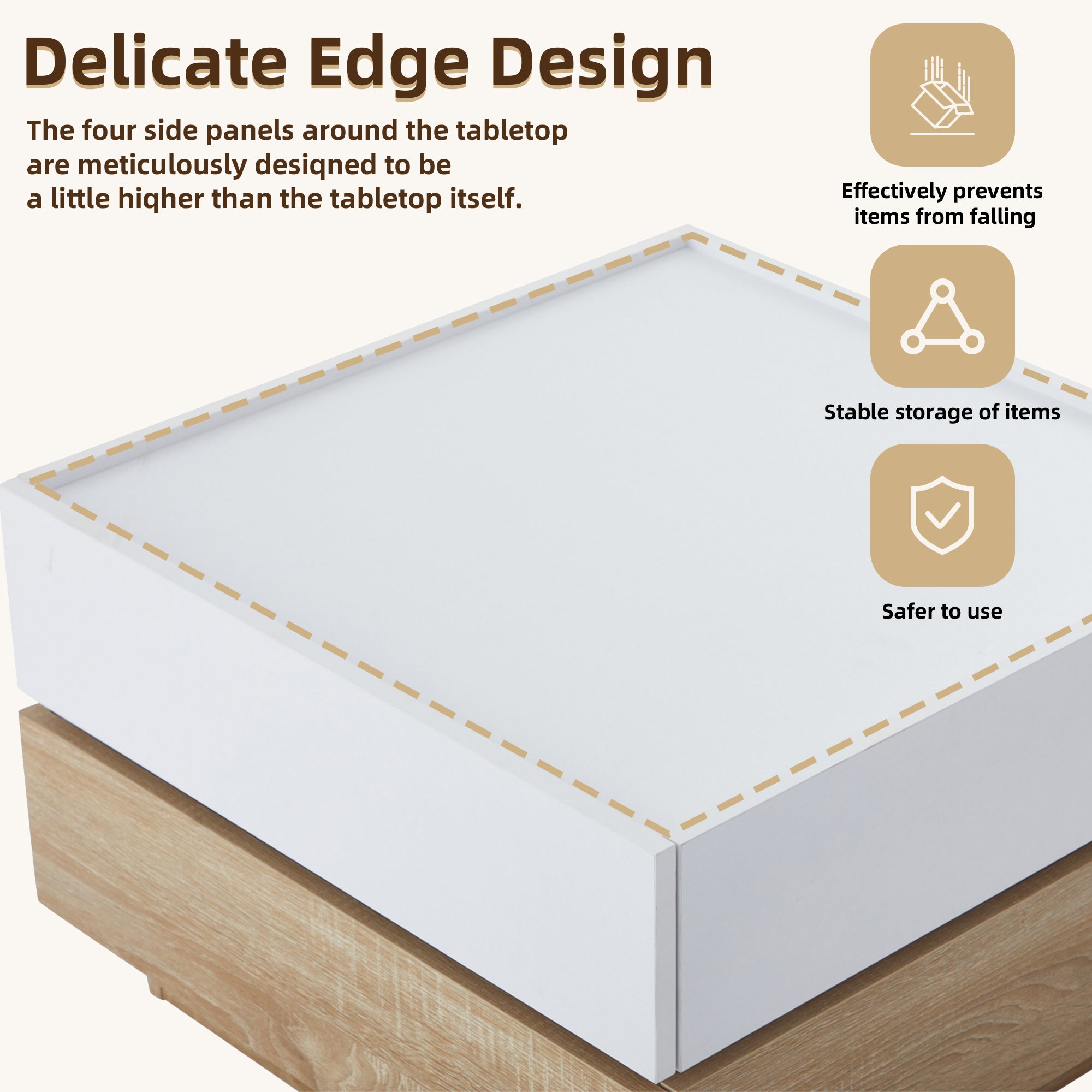 Functional coffee table, 360° rotatable with 2 levels storage, walnut frame white