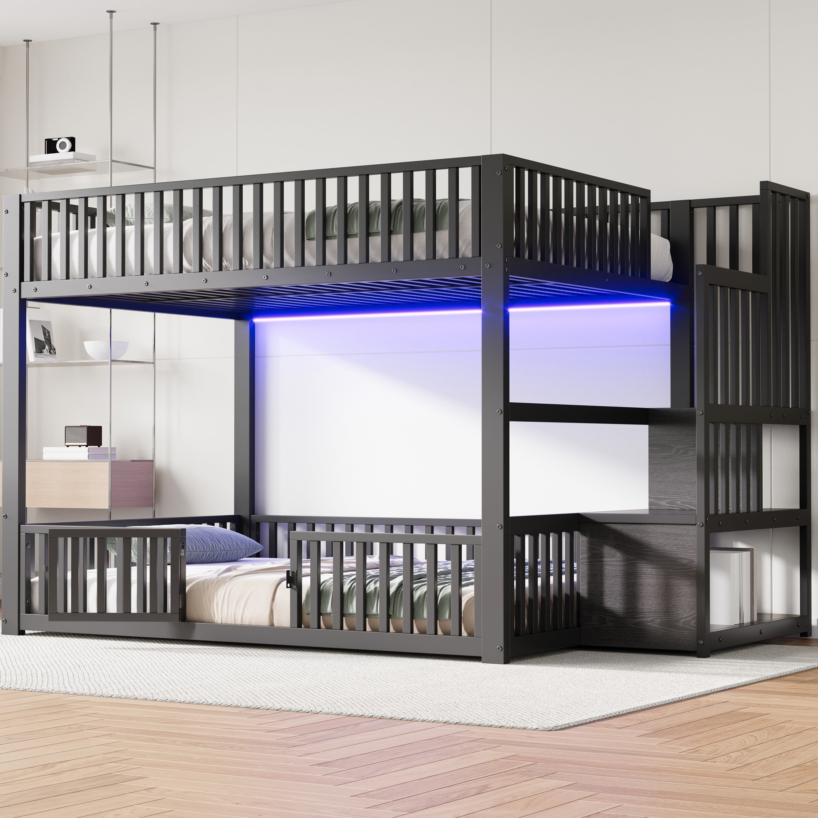 Bunk Bed with Storage Ladder and LED, 140x200cm, Black Metal + MDF
