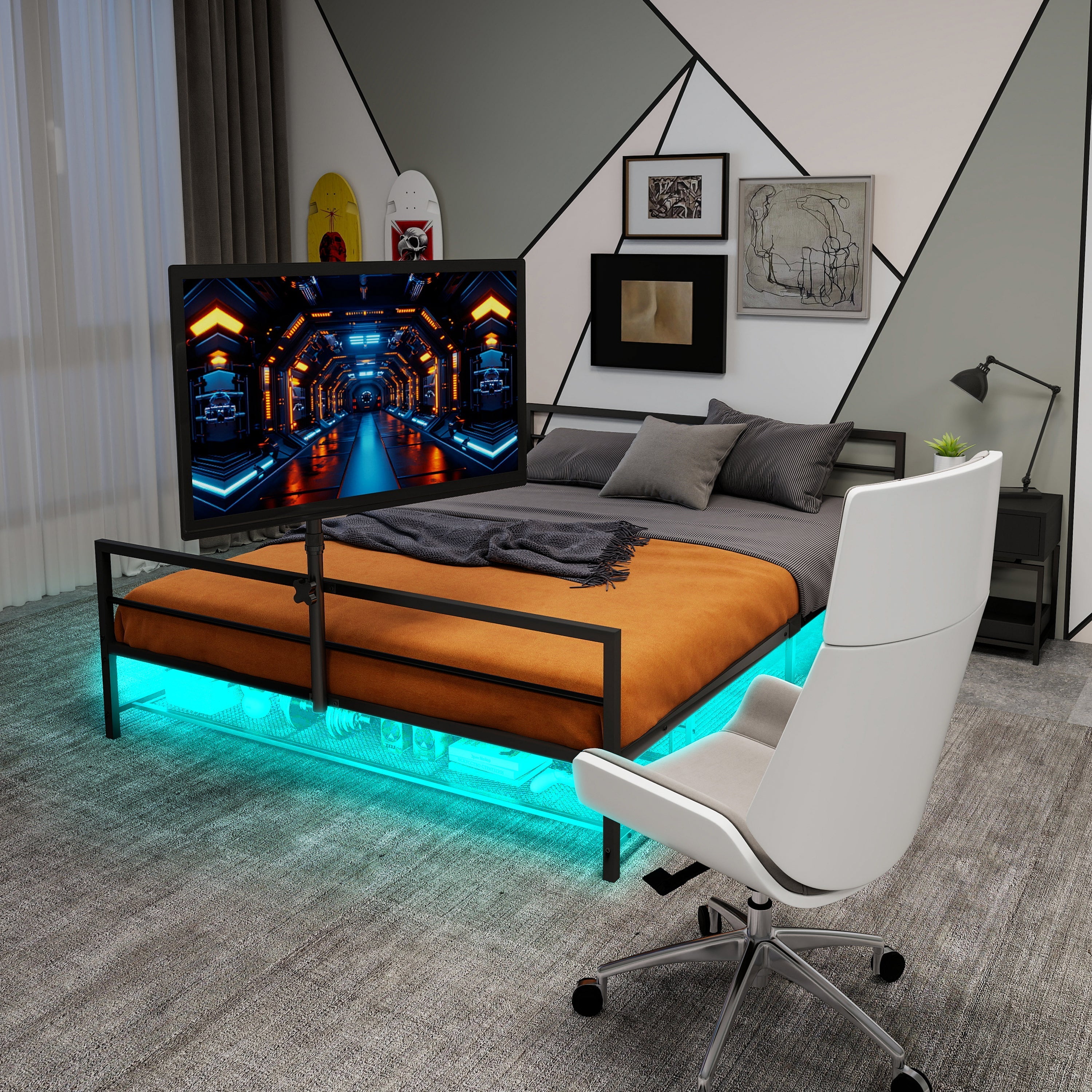 Gaming Bed: Adjustable Holder, LED Lights, Underbed Storage - Black Metal
