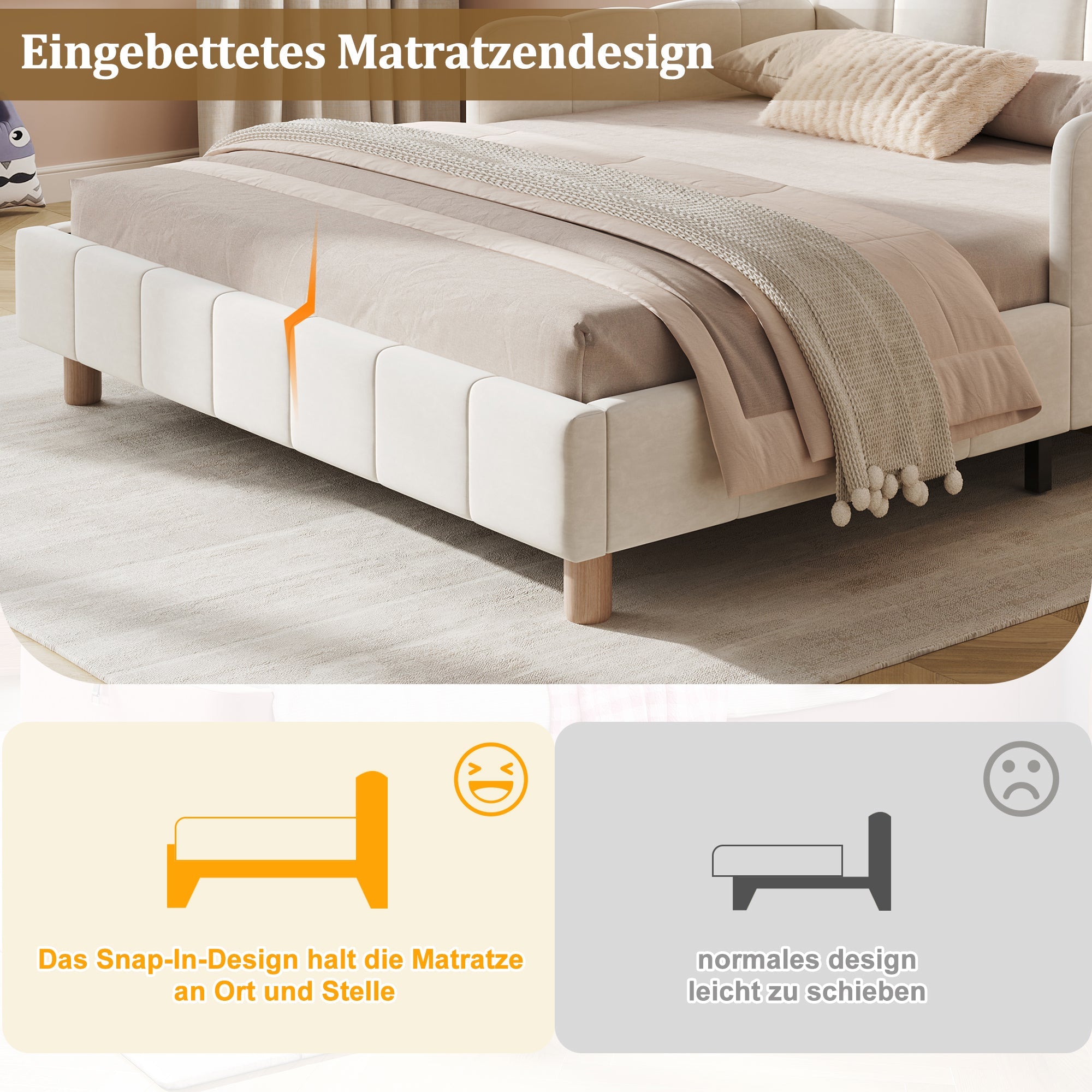 Upholstered Children's Bed with Safety Rail and Solid Wood Legs, 140x200cm, Beige Velvet