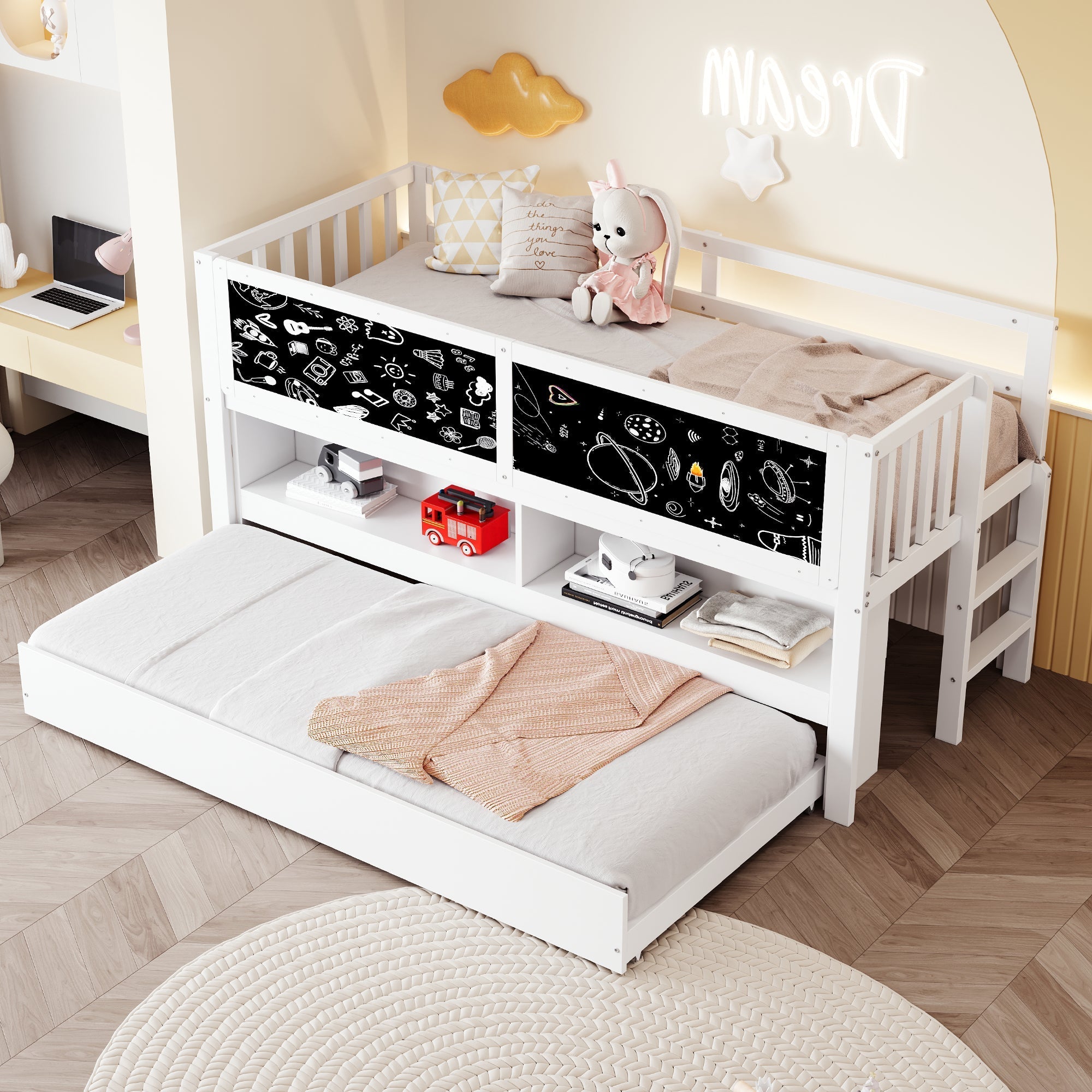 Children's House Bed 90x200 Extendable Chalkboard Storage Climbing Ladder - Solid Wood White