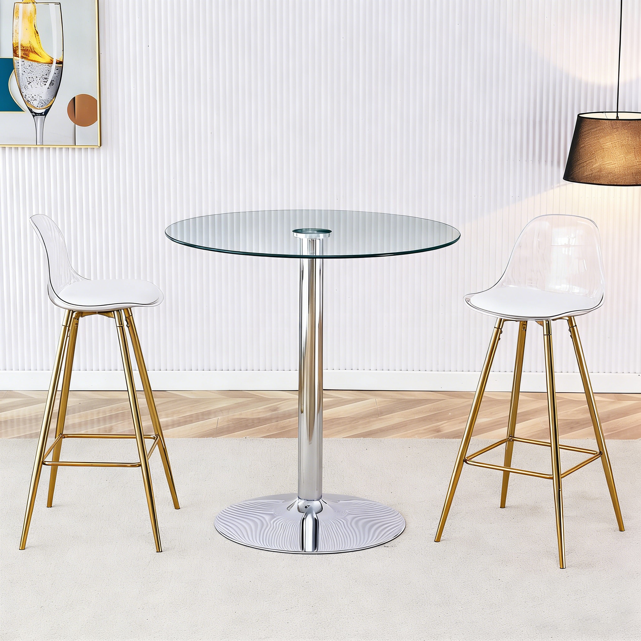 Bar Set Round Glass Table 89cm & 2 Stools Gold Legs