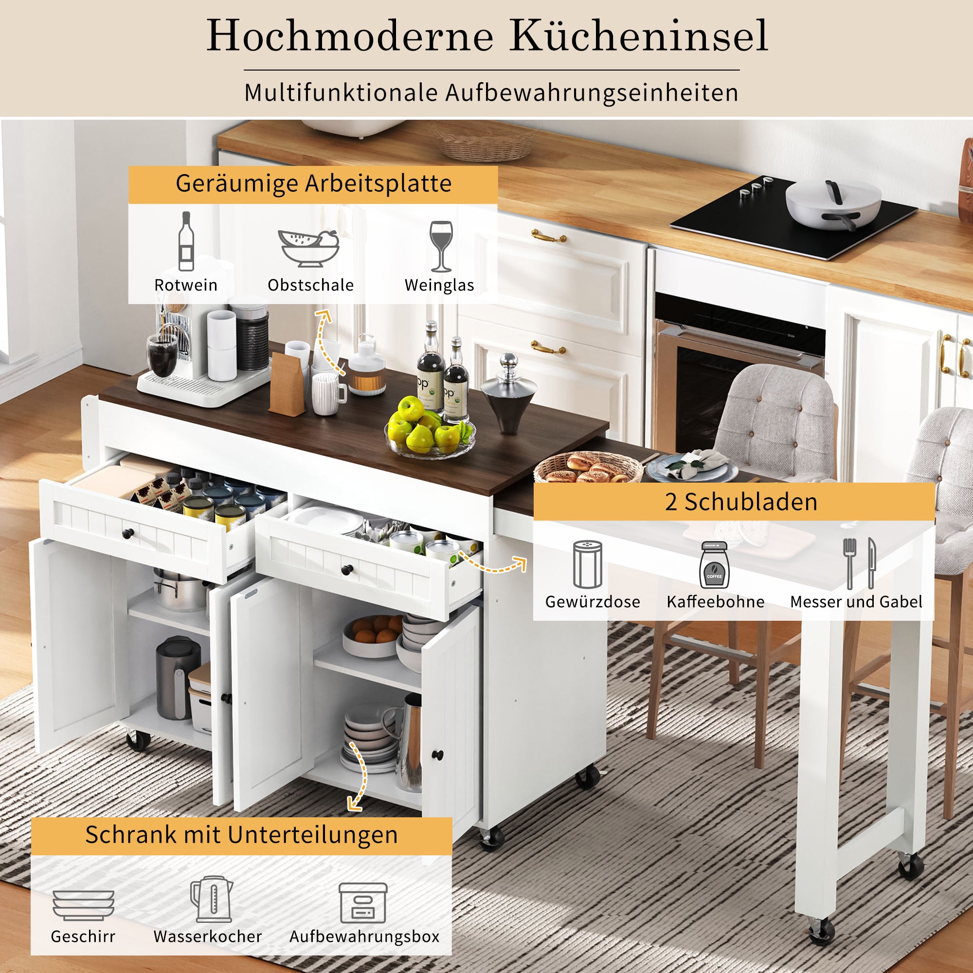 Kitchen Island on Wheels, Extendable with Worktop & Drawers, White + Walnut