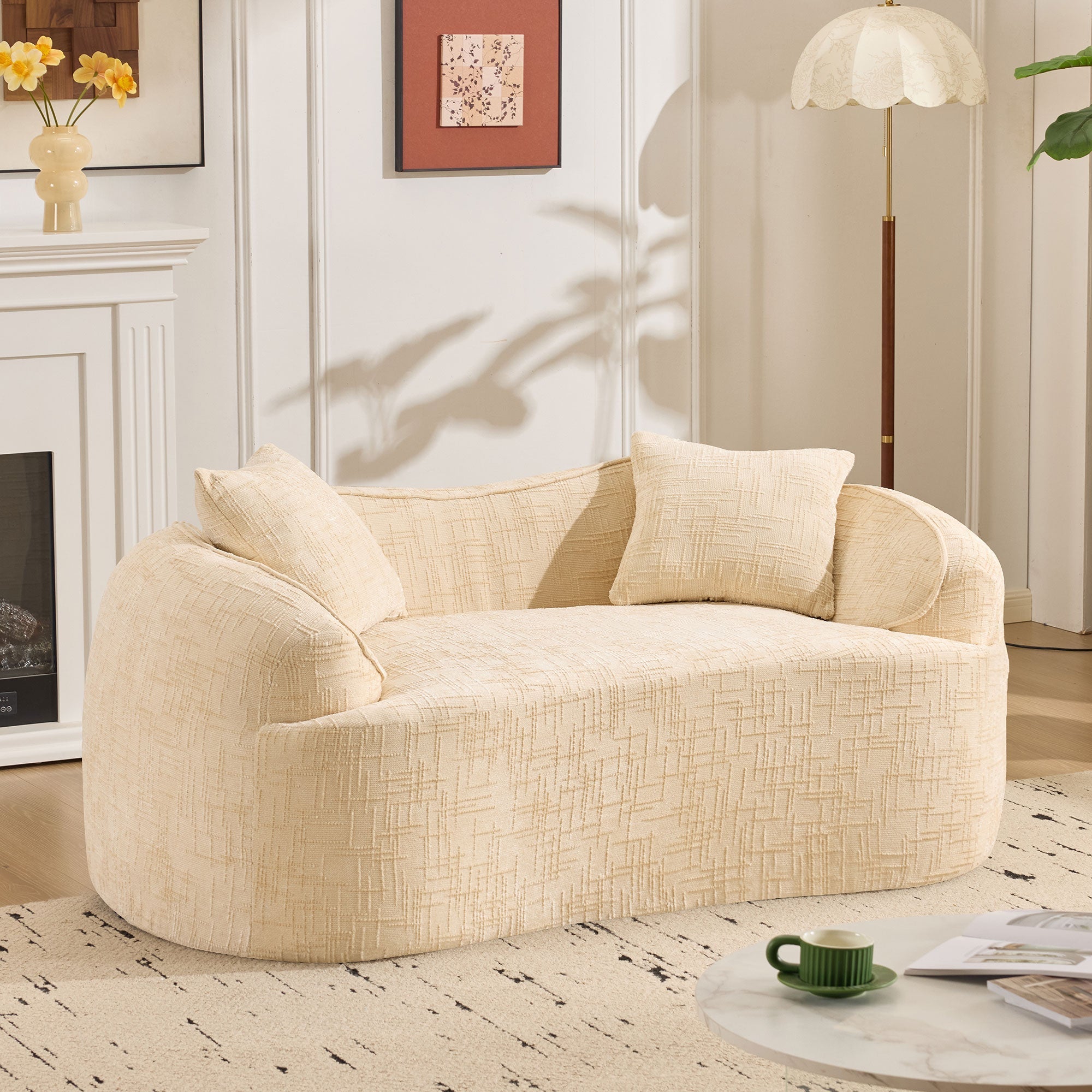 Curved Compression Sofa 2-Seater Armrests & Cushions - Beige