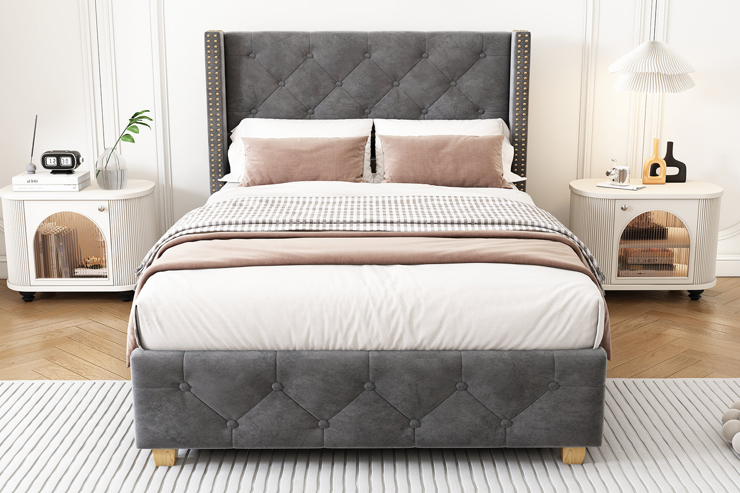 Upholstered Bed with Button Studded Headboard and Wooden Legs, 90x200cm, Grey Velvet