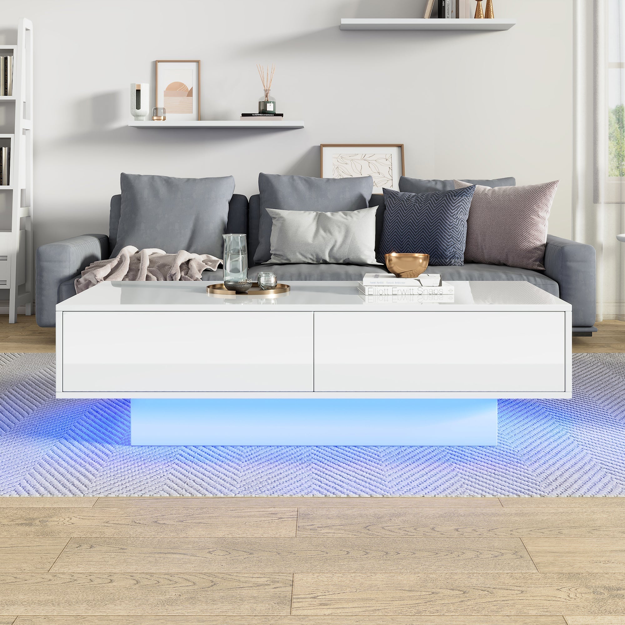 Coffee Table, Modern High-Gloss with 2 Drawers, LED Lighting, White