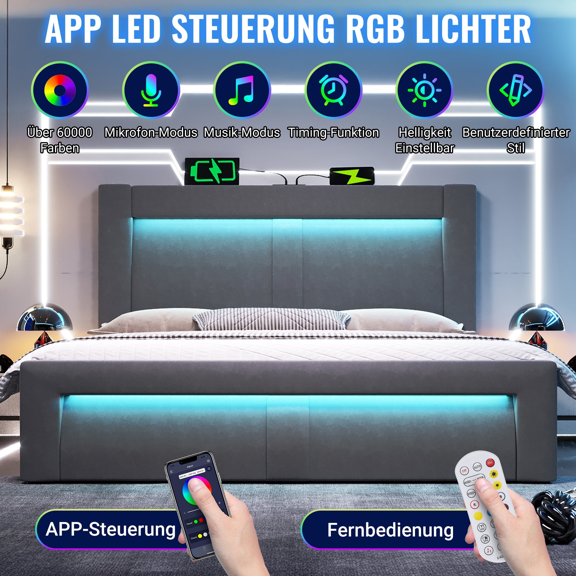 Double Bed 140x200 cm with Hydraulic Storage, LED, USB and Type-C, Grey Velvet