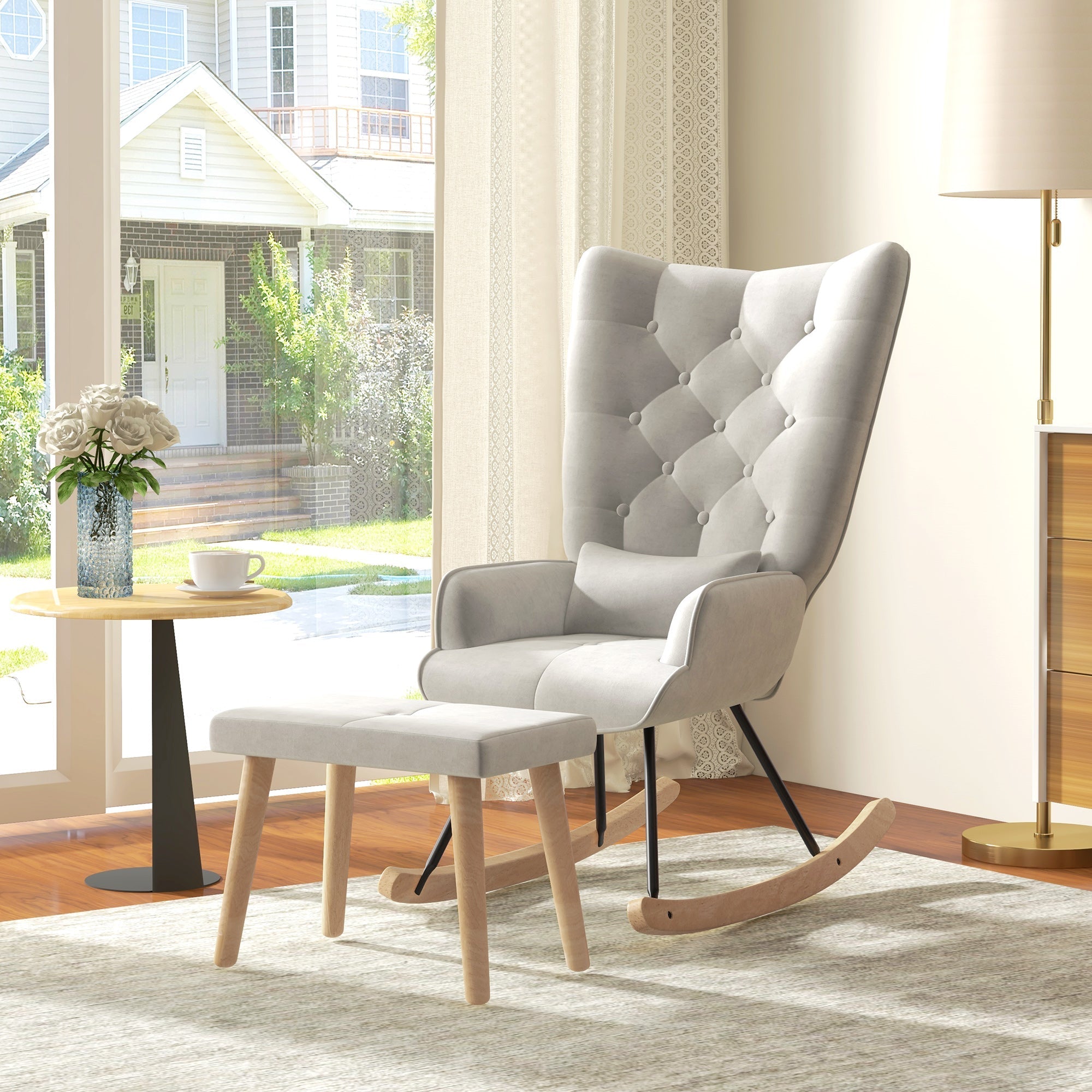 Rocking Chair with Stool, Cushion, Wingback, Cream White Velvet